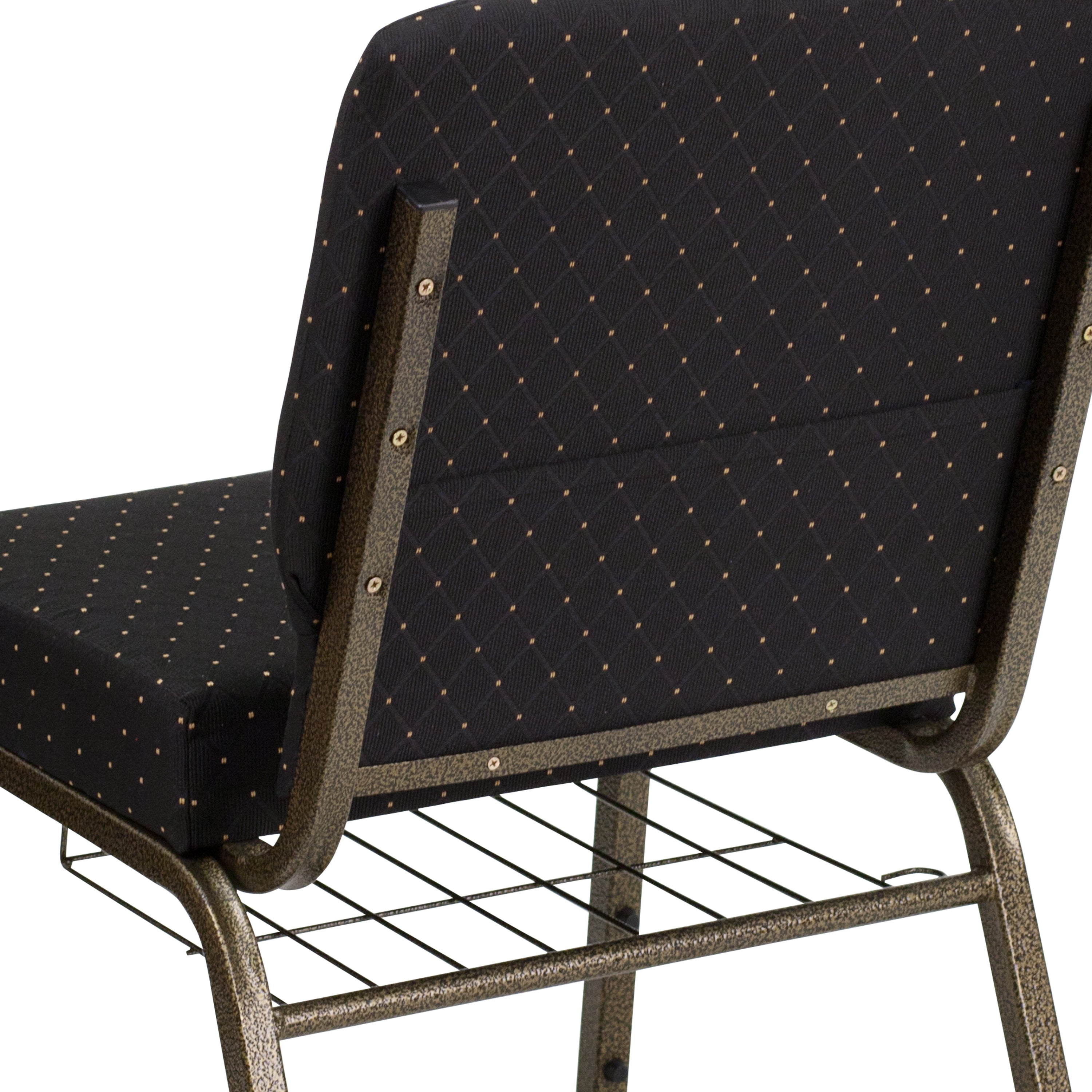 HERCULES Series 21''W Church Chair in Black Dot Patterned Fabric with Cup Book Rack - Gold Vein Frame