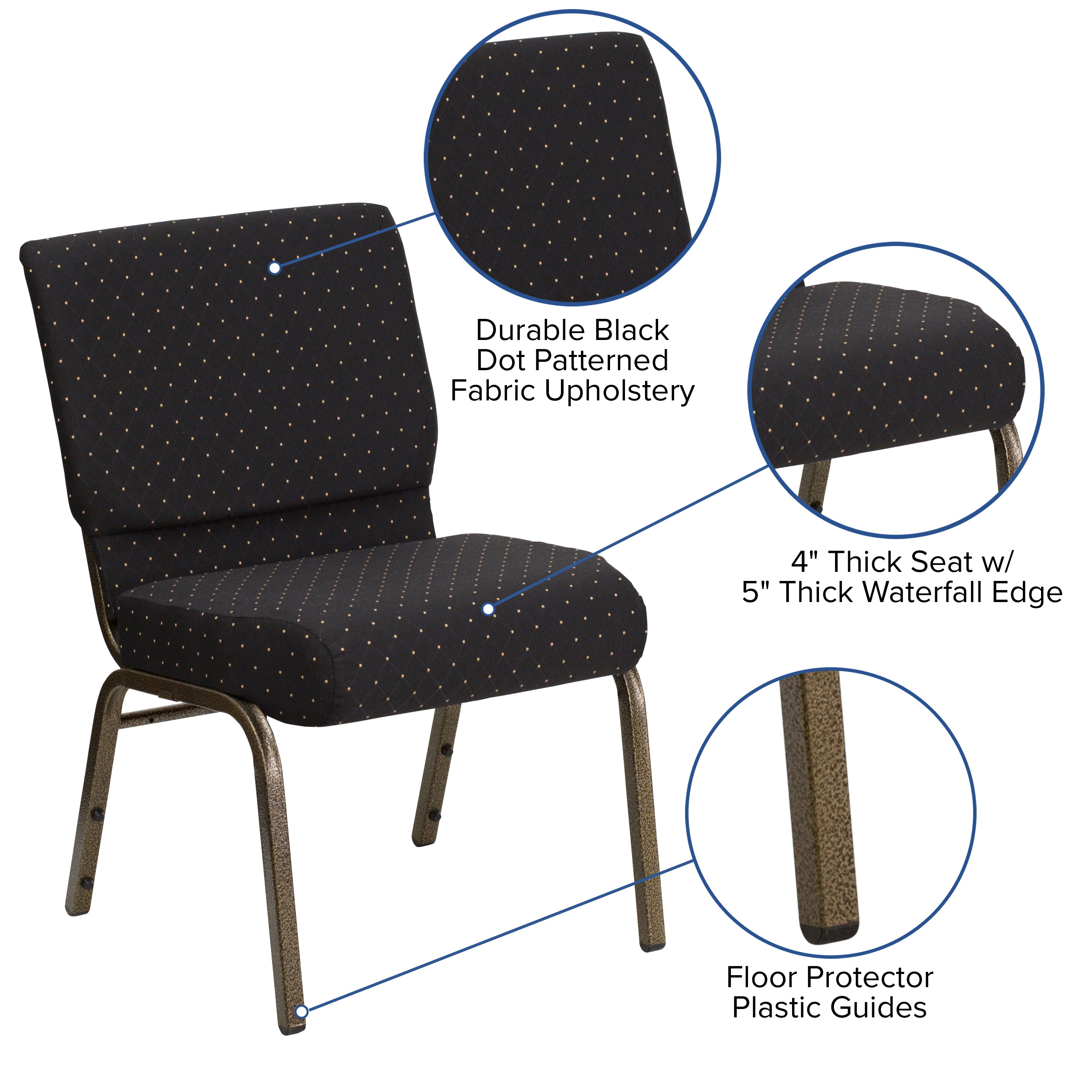 HERCULES Series 21''W Stacking Church Chair in Black Dot Patterned Fabric - Gold Vein Frame