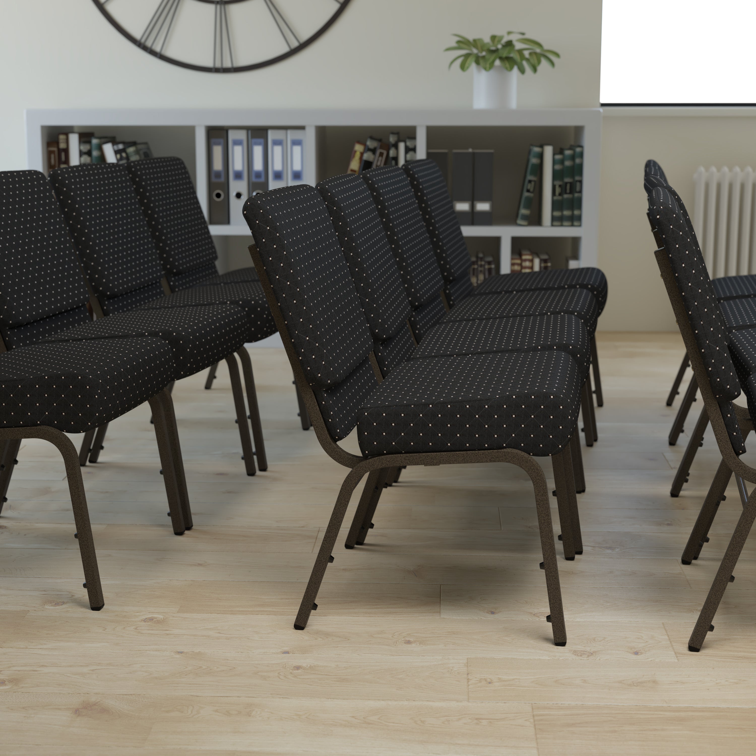 HERCULES Series 21''W Stacking Church Chair in Black Dot Patterned Fabric - Gold Vein Frame