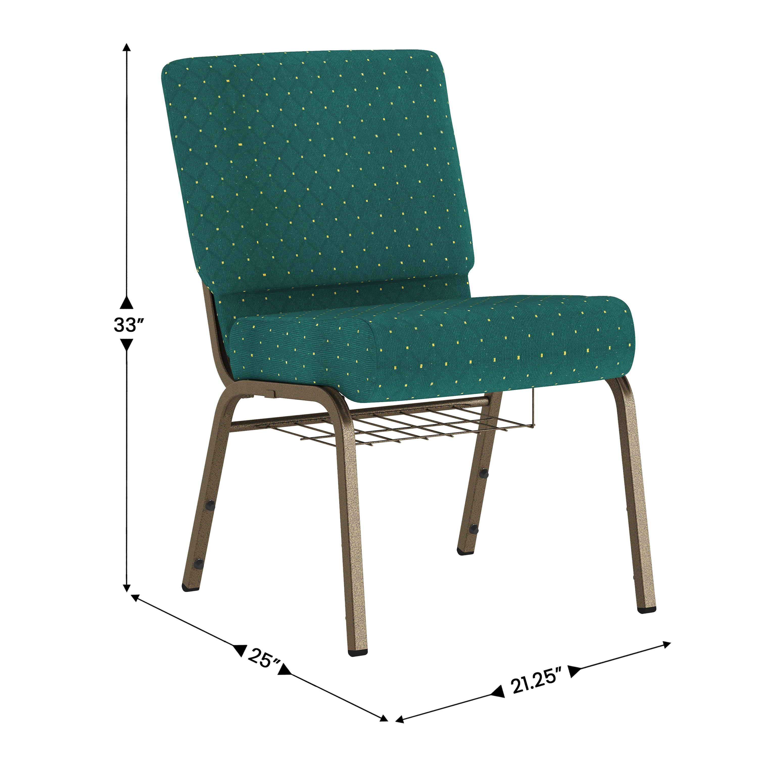 HERCULES Series 21''W Church Chair in Hunter Green Dot Patterned Fabric with Book Rack - Gold Vein Frame