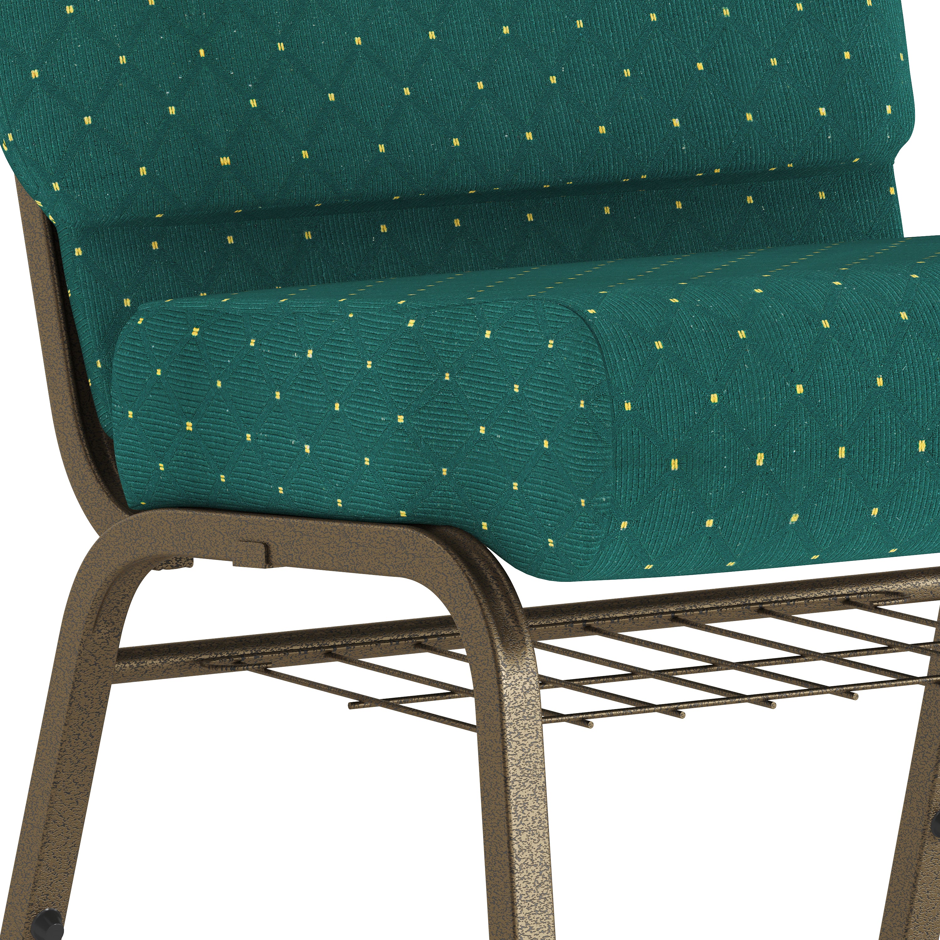 HERCULES Series 21''W Church Chair in Hunter Green Dot Patterned Fabric with Book Rack - Gold Vein Frame