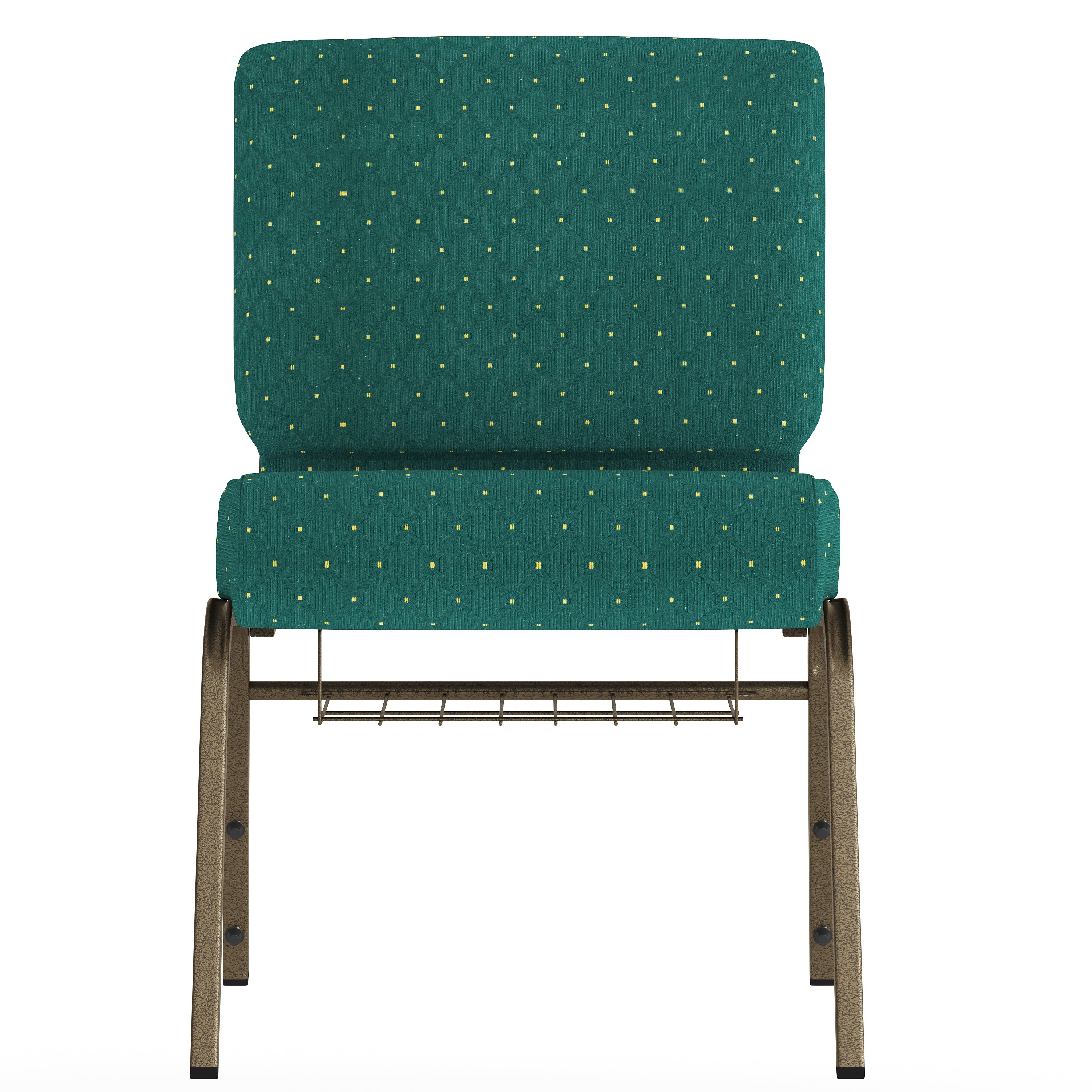 HERCULES Series 21''W Church Chair in Hunter Green Dot Patterned Fabric with Book Rack - Gold Vein Frame