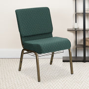 HERCULES Series 21''W Church Chair in Hunter Green Dot Patterned Fabric with Book Rack - Gold Vein Frame