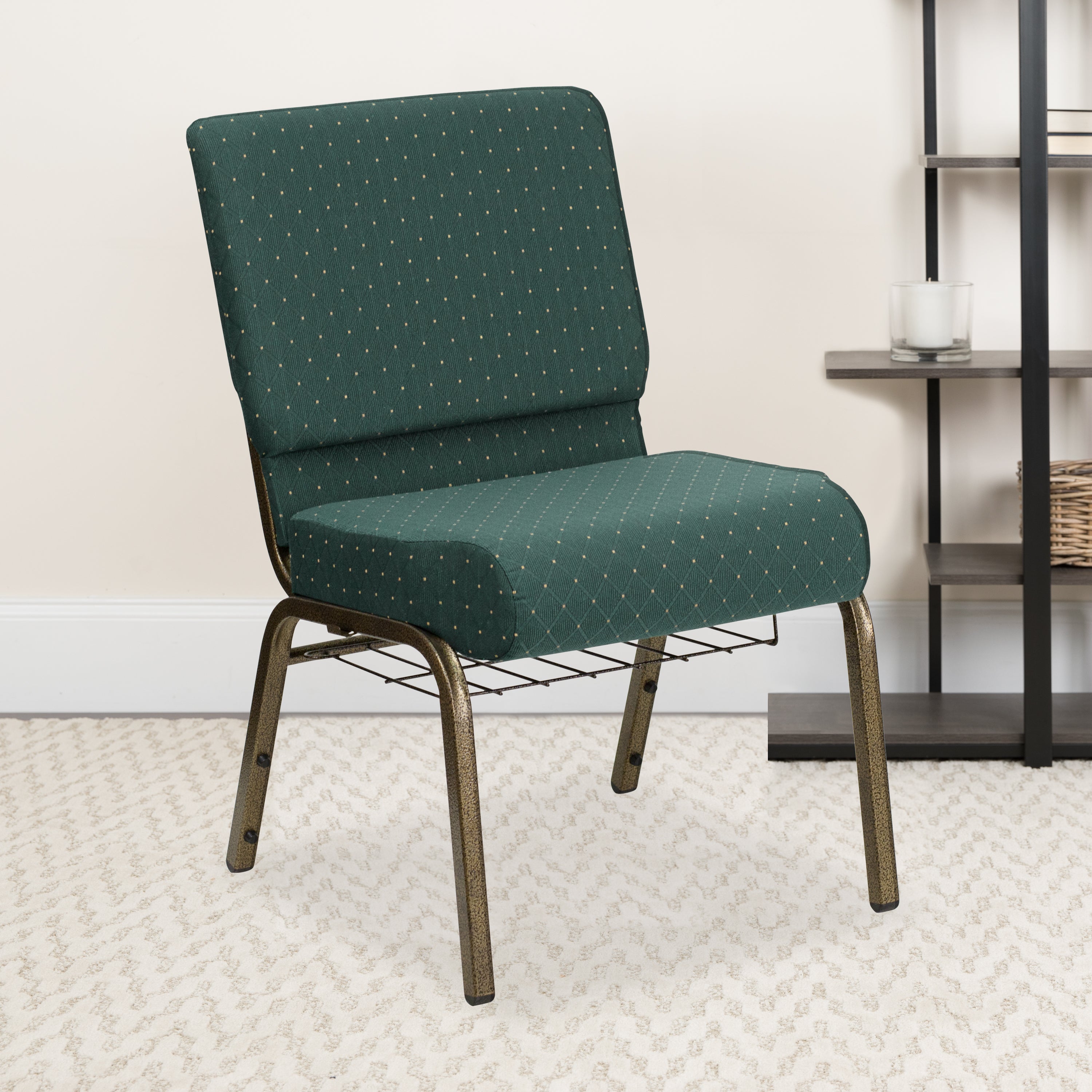 HERCULES Series 21''W Church Chair in Hunter Green Dot Patterned Fabric with Book Rack - Gold Vein Frame