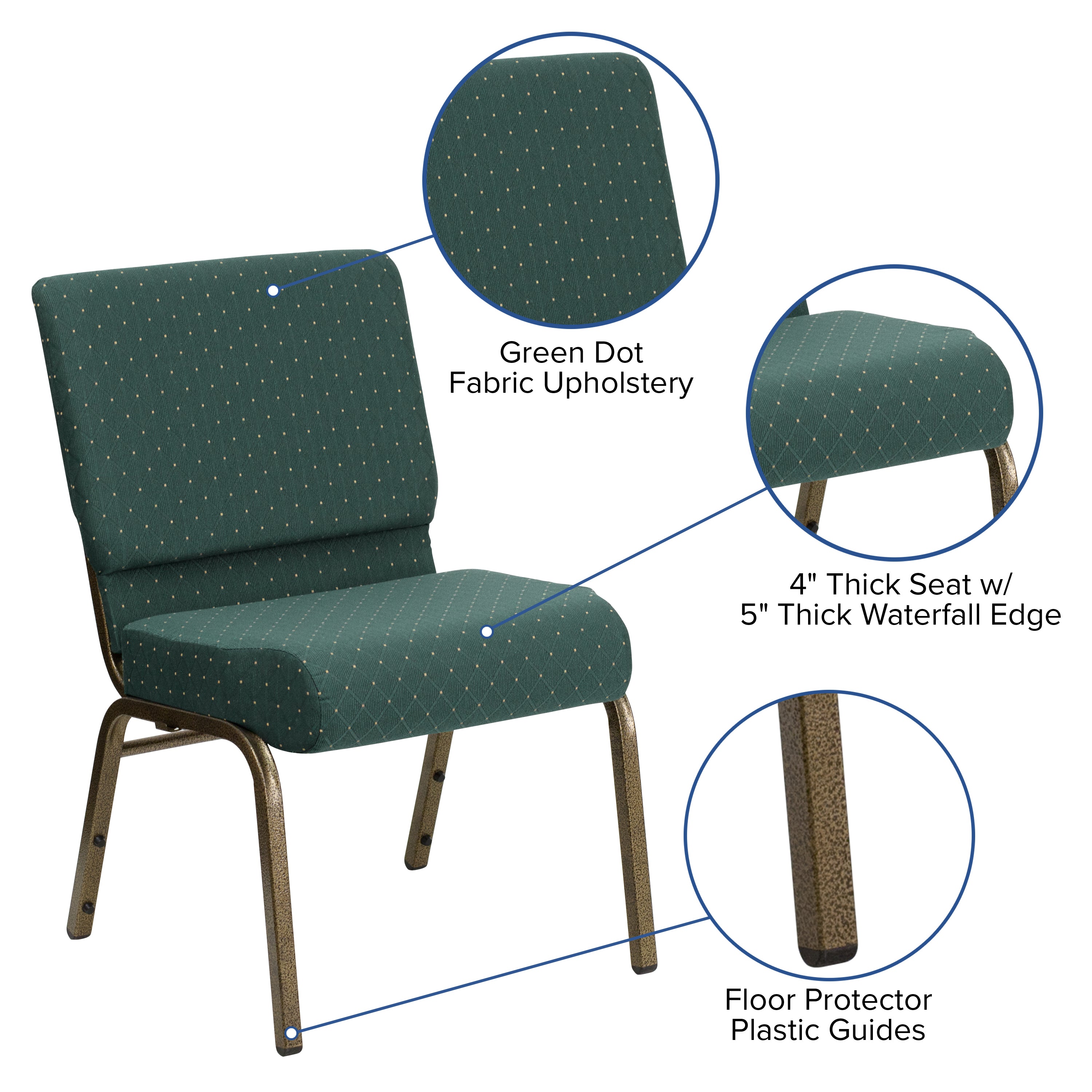 HERCULES Series 21''W Stacking Church Chair in Hunter Green Dot Patterned Fabric - Gold Vein Frame