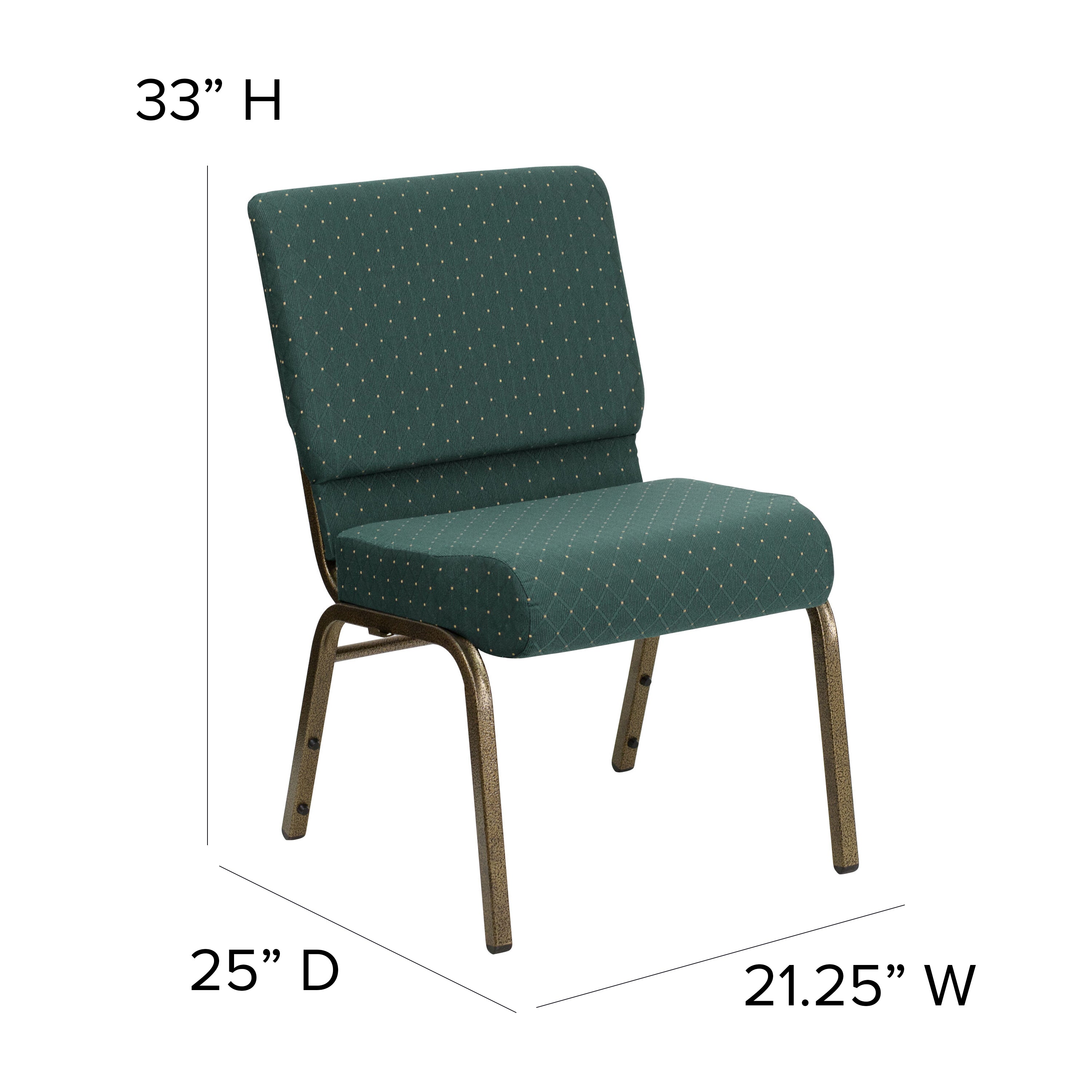 HERCULES Series 21''W Stacking Church Chair in Hunter Green Dot Patterned Fabric - Gold Vein Frame