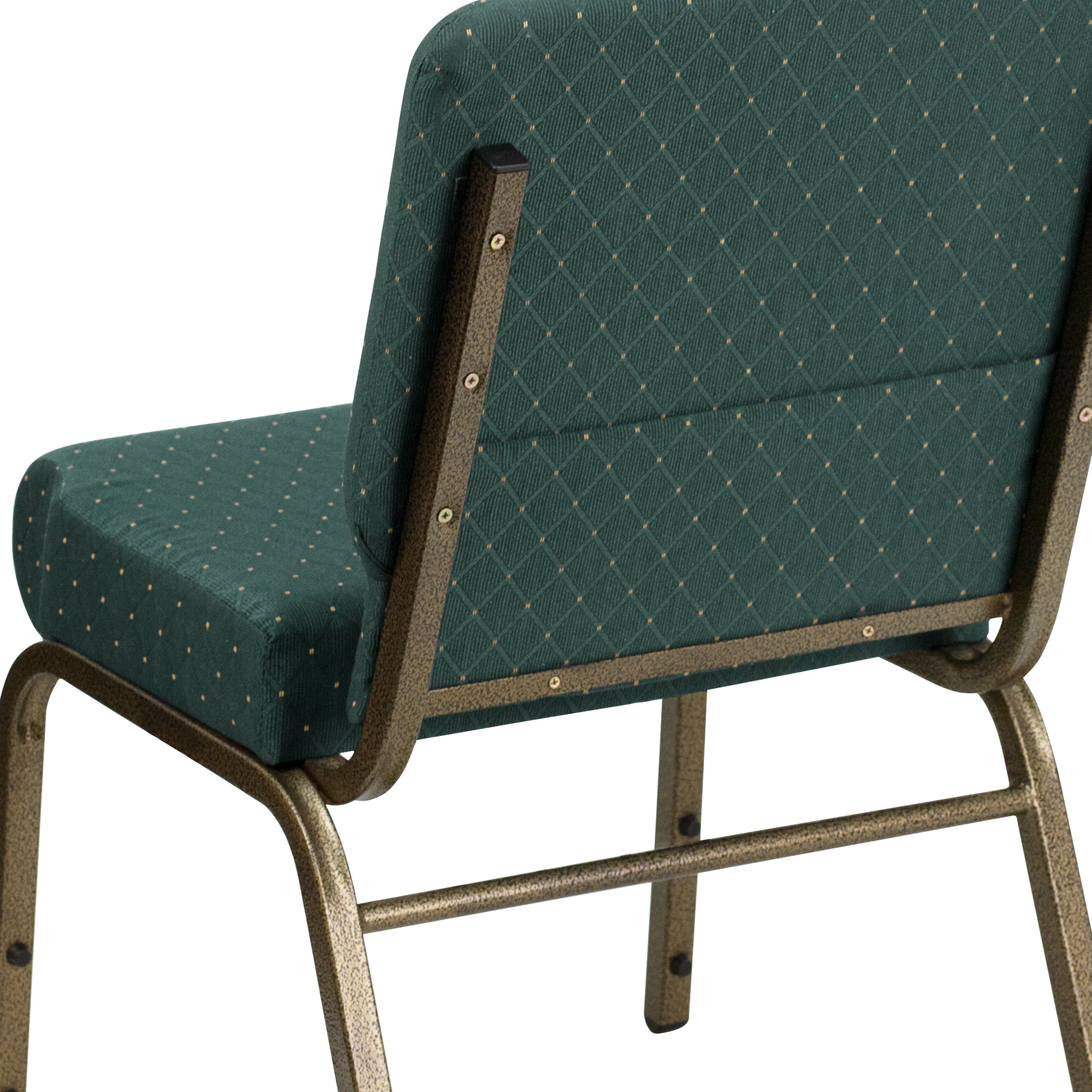 HERCULES Series 21''W Stacking Church Chair in Hunter Green Dot Patterned Fabric - Gold Vein Frame