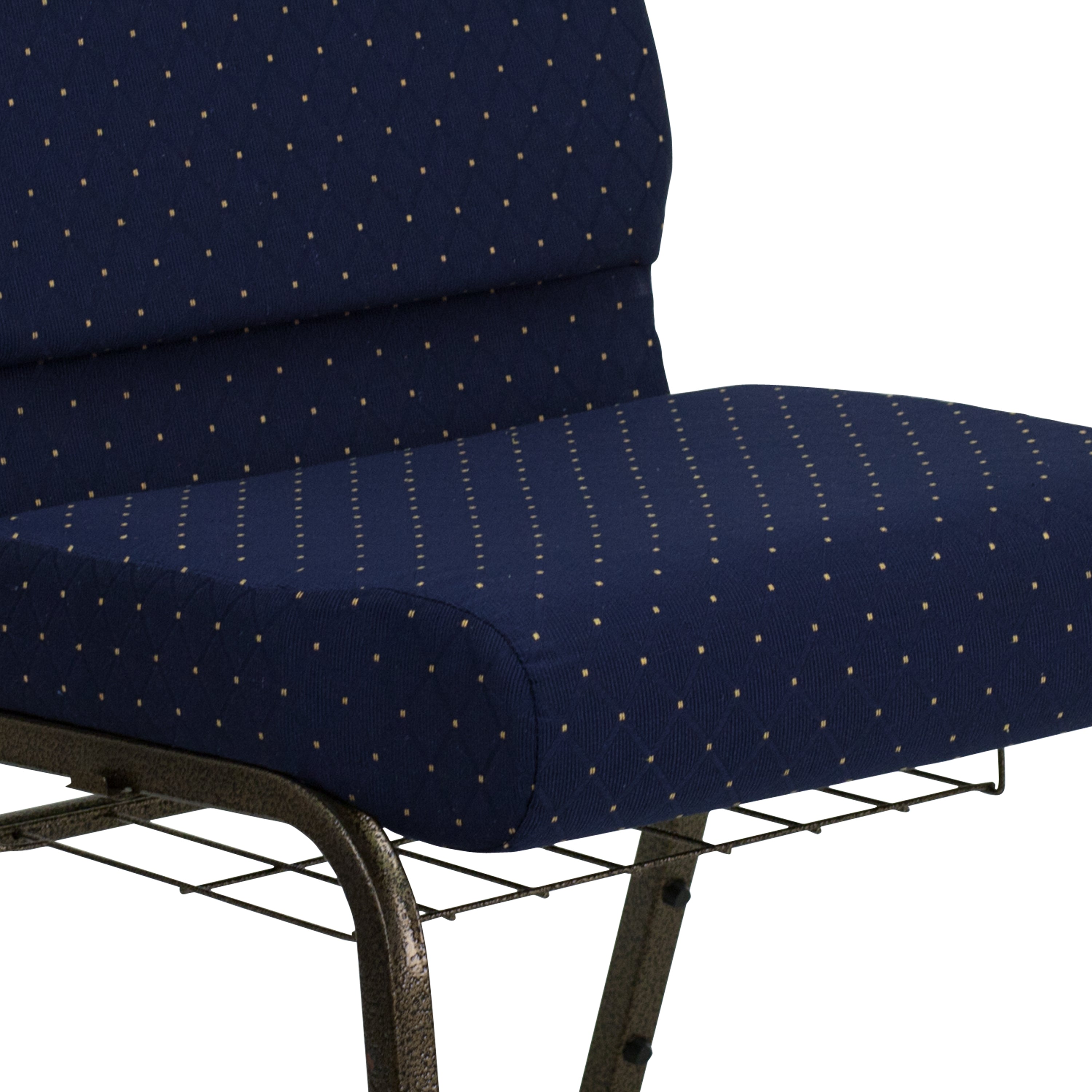 HERCULES Series 21''W Church Chair in Navy Blue Dot Patterned Fabric with Book Rack - Gold Vein Frame