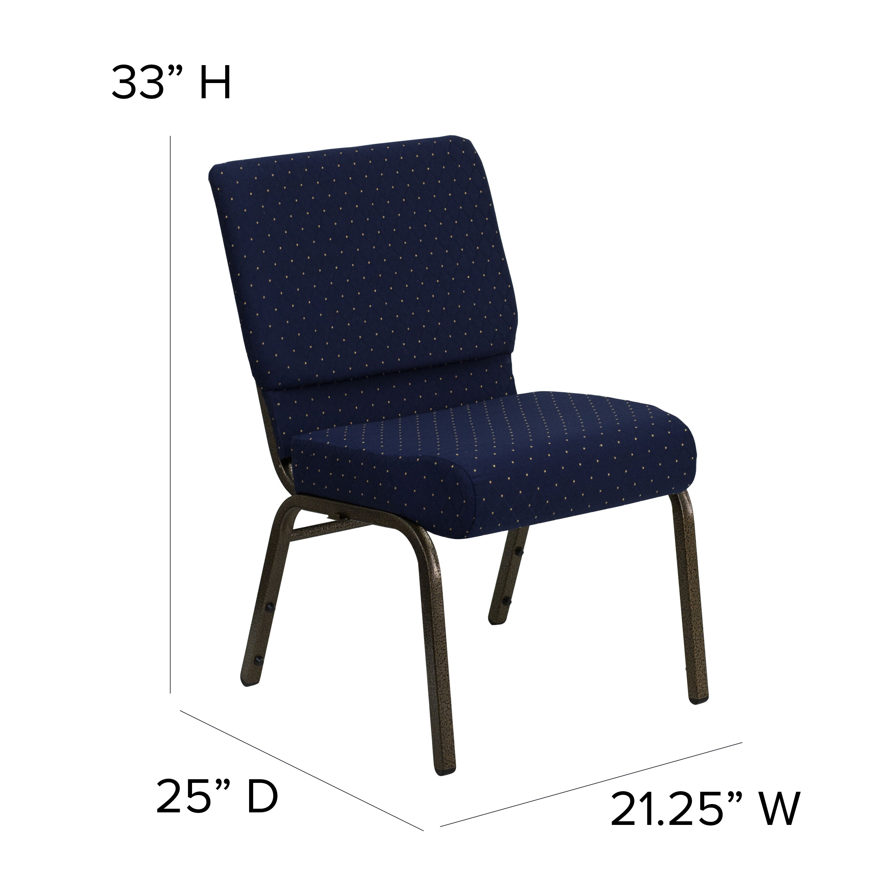 HERCULES Series 21''W Stacking Church Chair in Navy Blue Dot Patterned Fabric - Gold Vein Frame