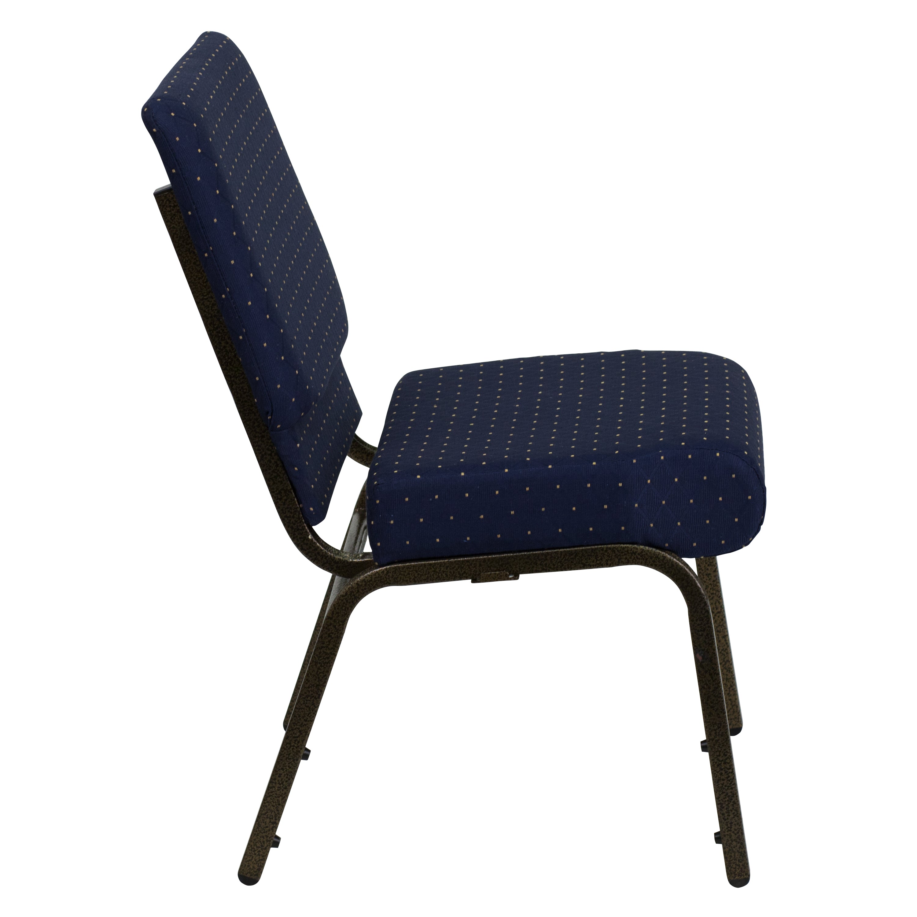 HERCULES Series 21''W Stacking Church Chair in Navy Blue Dot Patterned Fabric - Gold Vein Frame