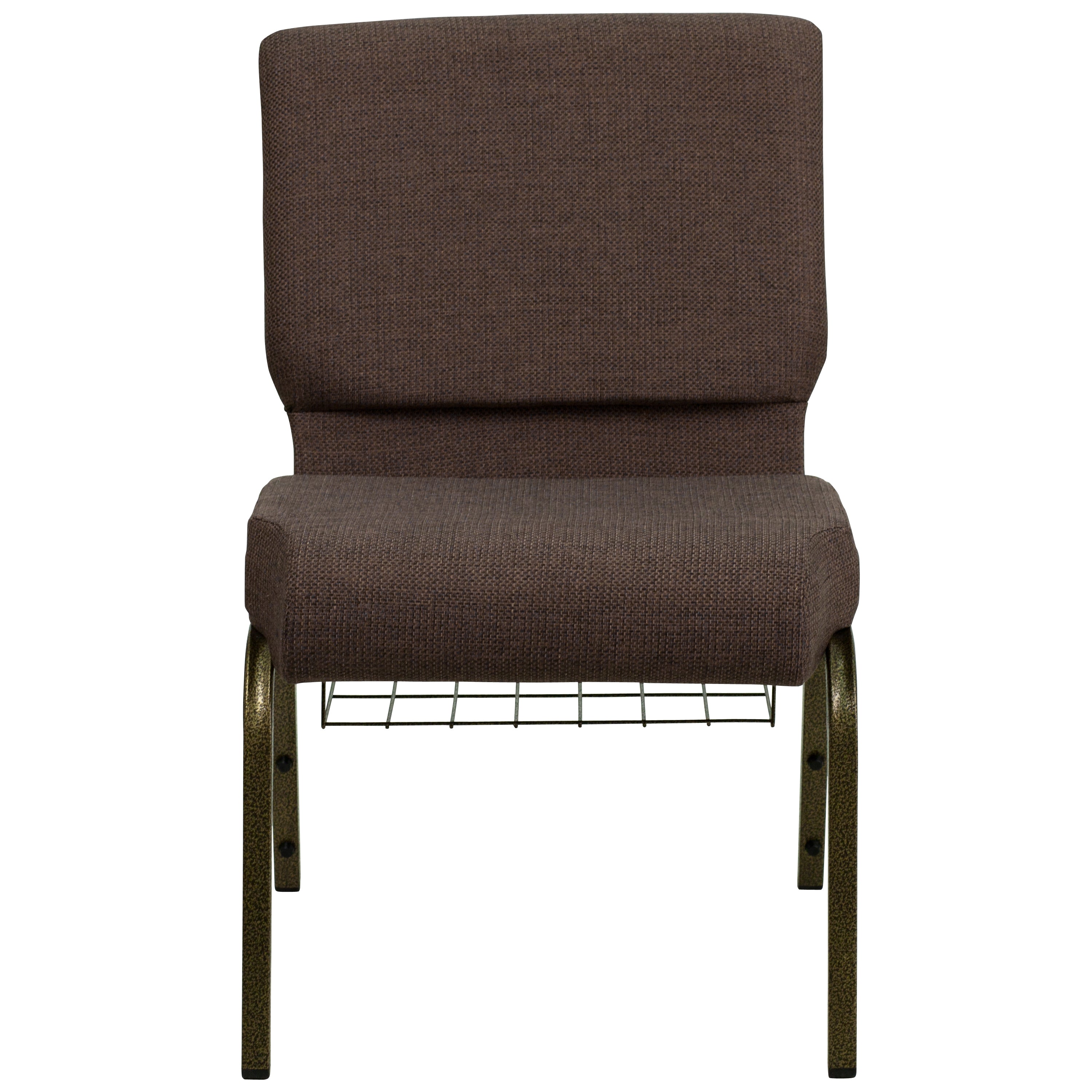 HERCULES Series 21''W Church Chair in Brown Fabric with Cup Book Rack - Gold Vein Frame