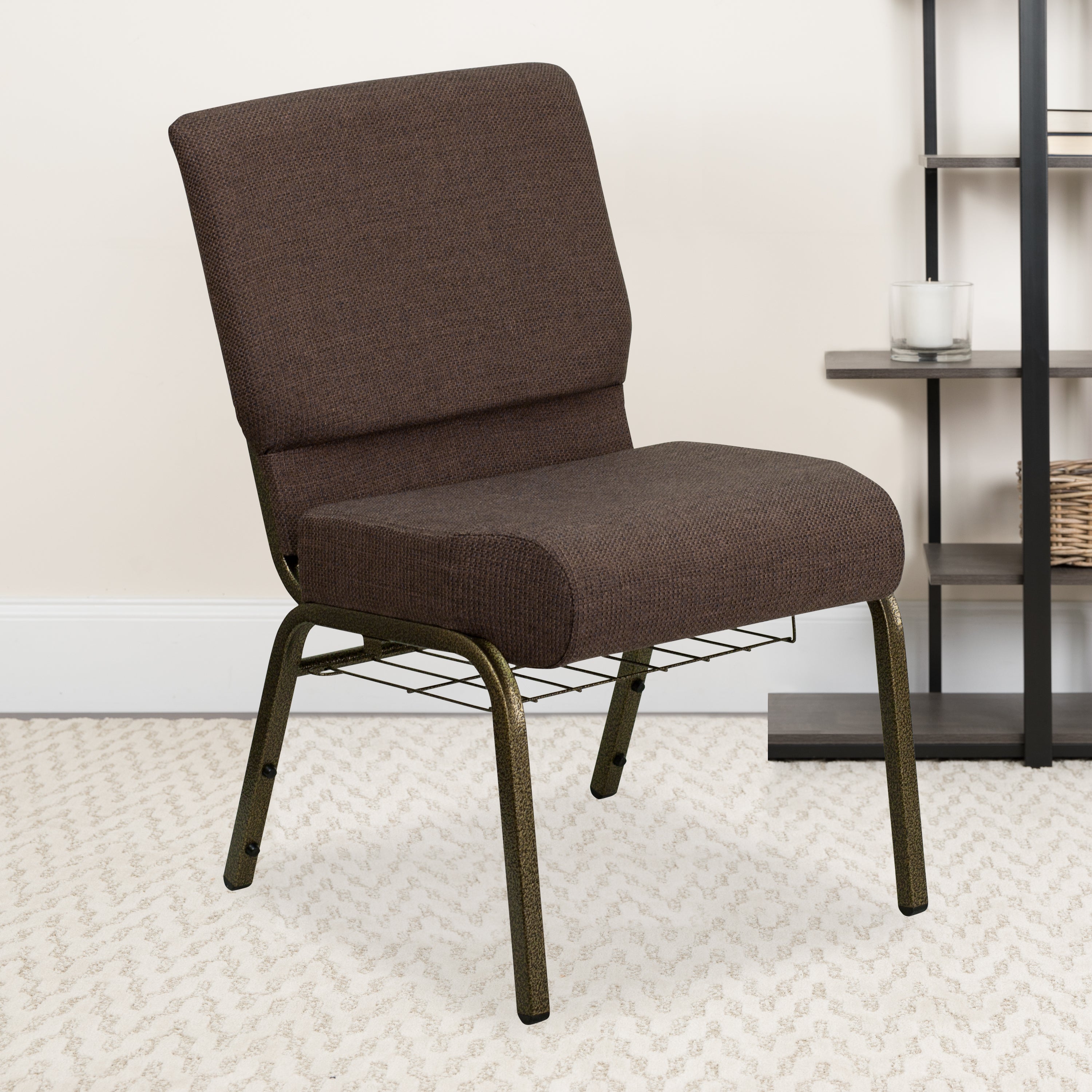 HERCULES Series 21''W Church Chair in Brown Fabric with Cup Book Rack - Gold Vein Frame