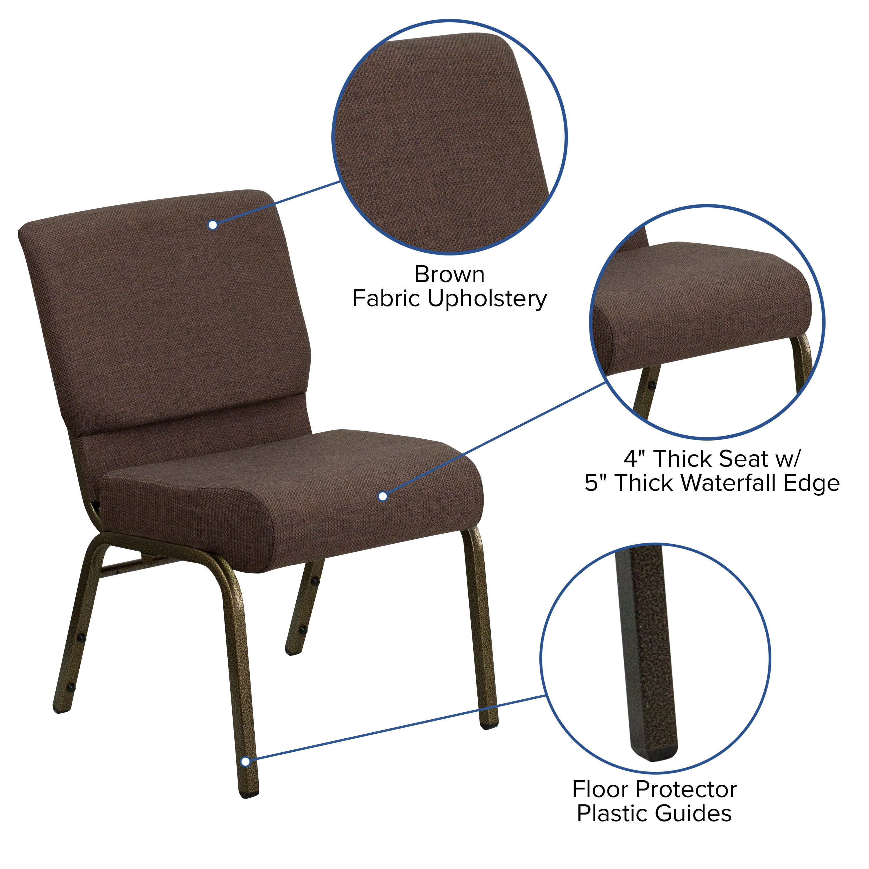 HERCULES Series 21''W Stacking Church Chair in Brown Fabric - Gold Vein Frame