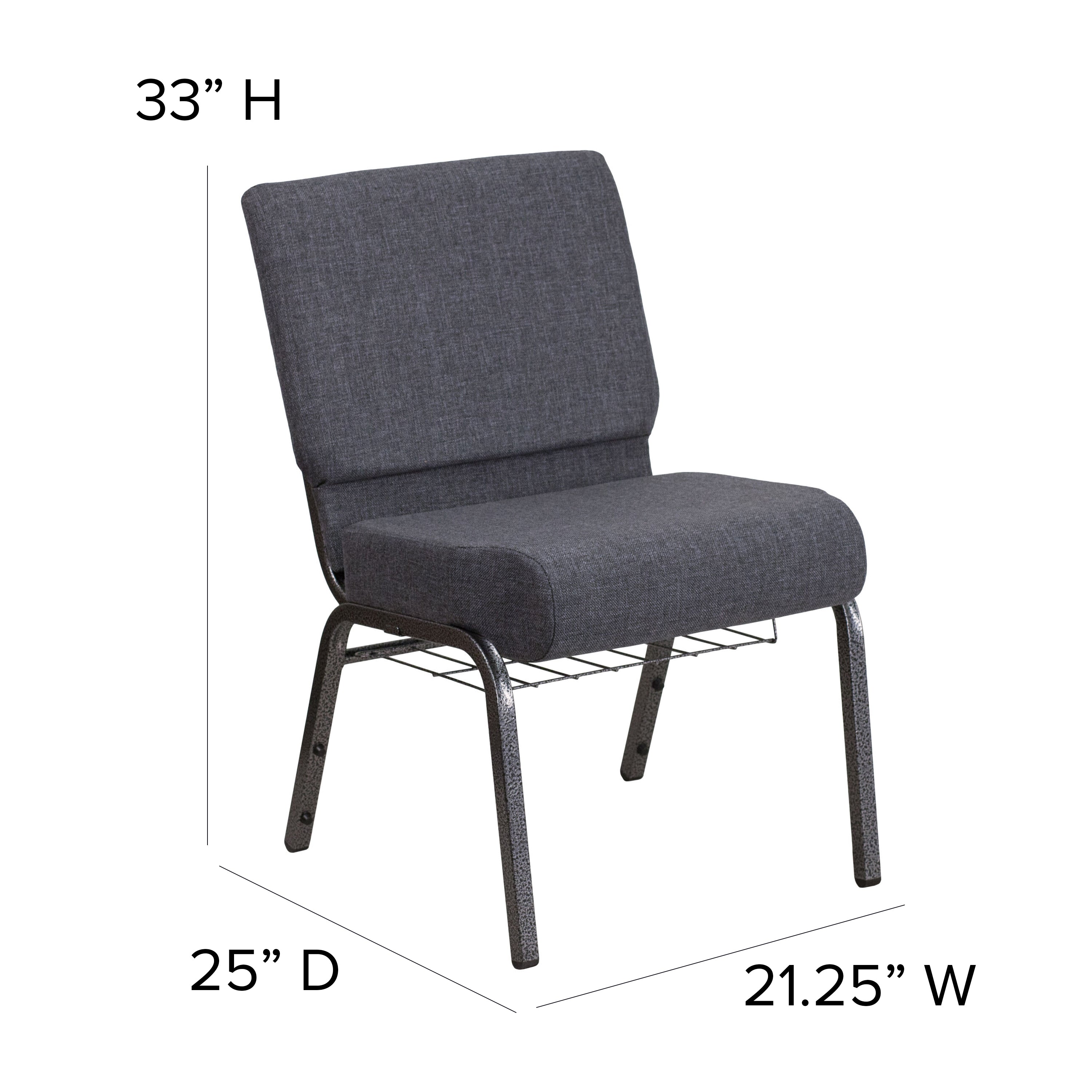 HERCULES Series 21''W Church Chair in Dark Gray Fabric with Book Rack - Silver Vein Frame
