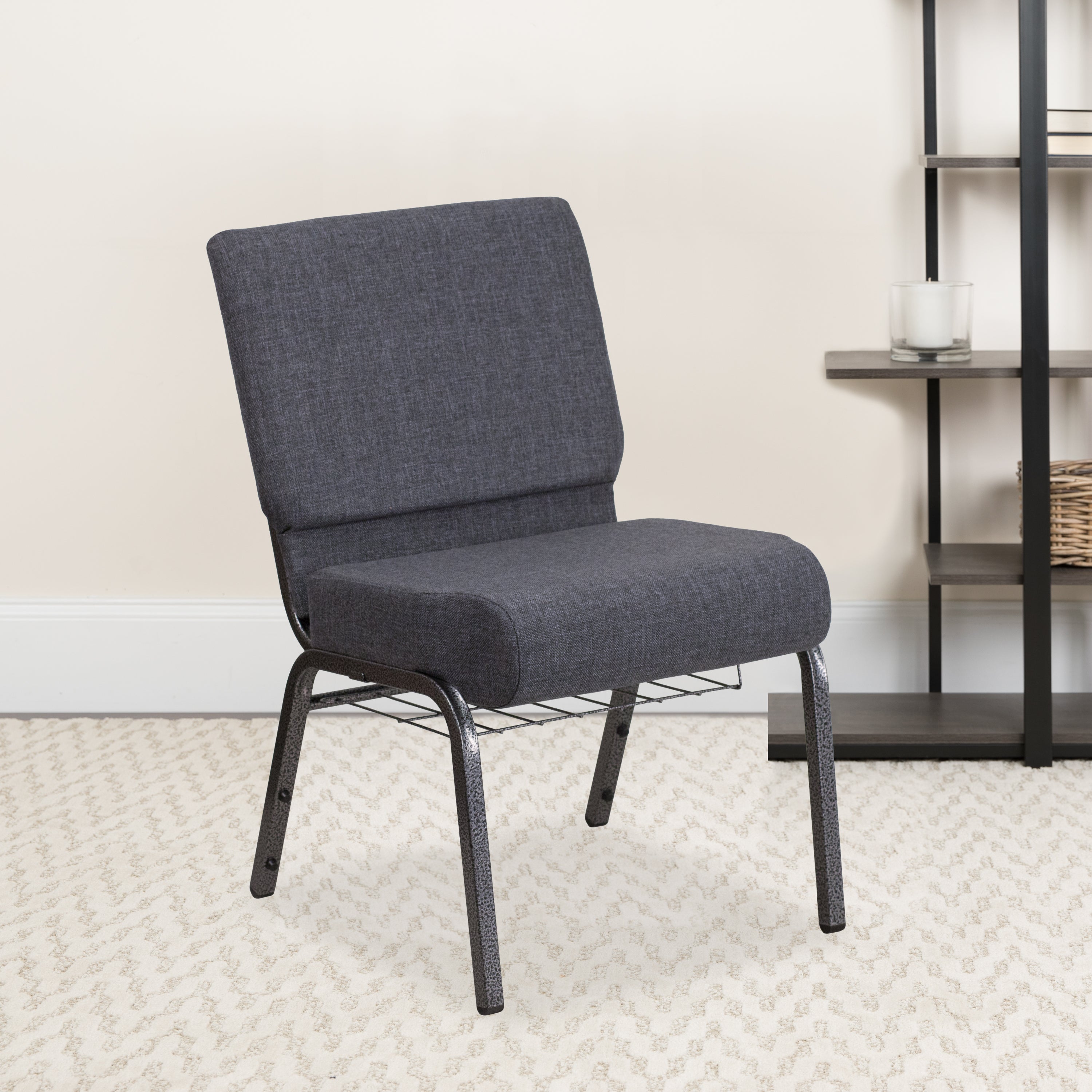 HERCULES Series 21''W Church Chair in Dark Gray Fabric with Book Rack - Silver Vein Frame