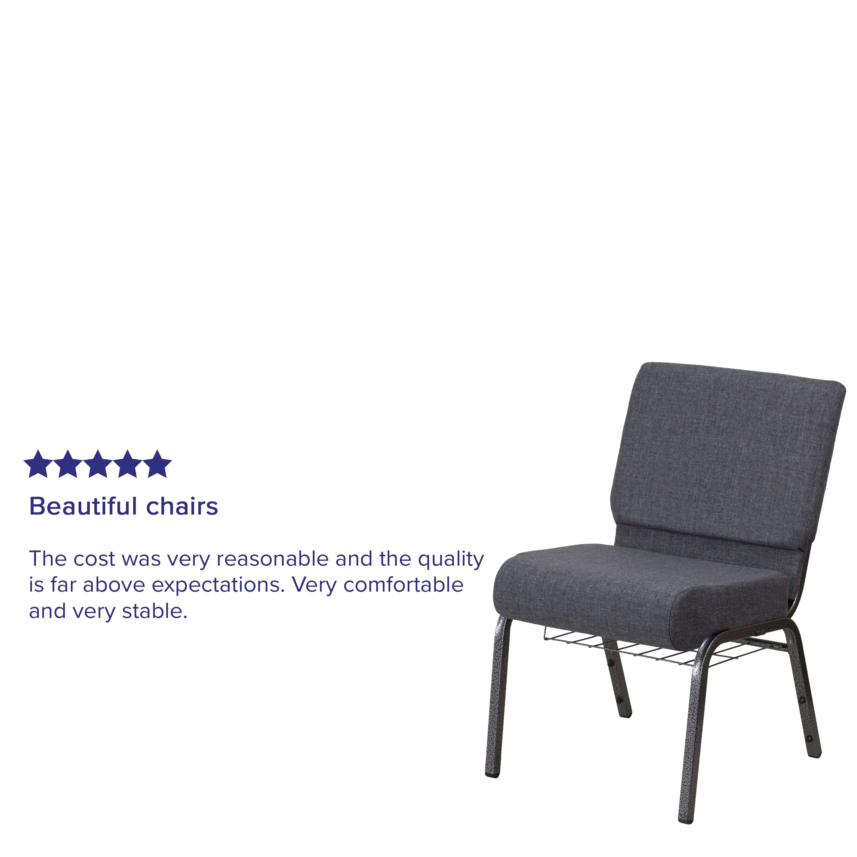 HERCULES Series 21''W Church Chair in Dark Gray Fabric with Book Rack - Silver Vein Frame