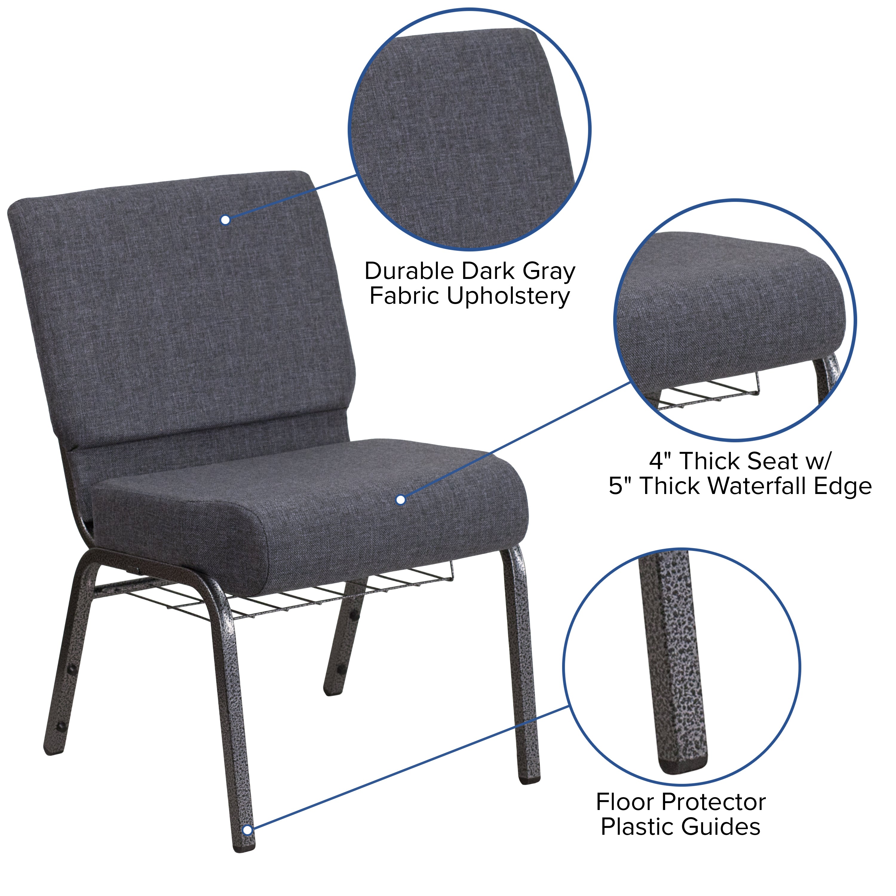 HERCULES Series 21''W Church Chair in Dark Gray Fabric with Book Rack - Silver Vein Frame