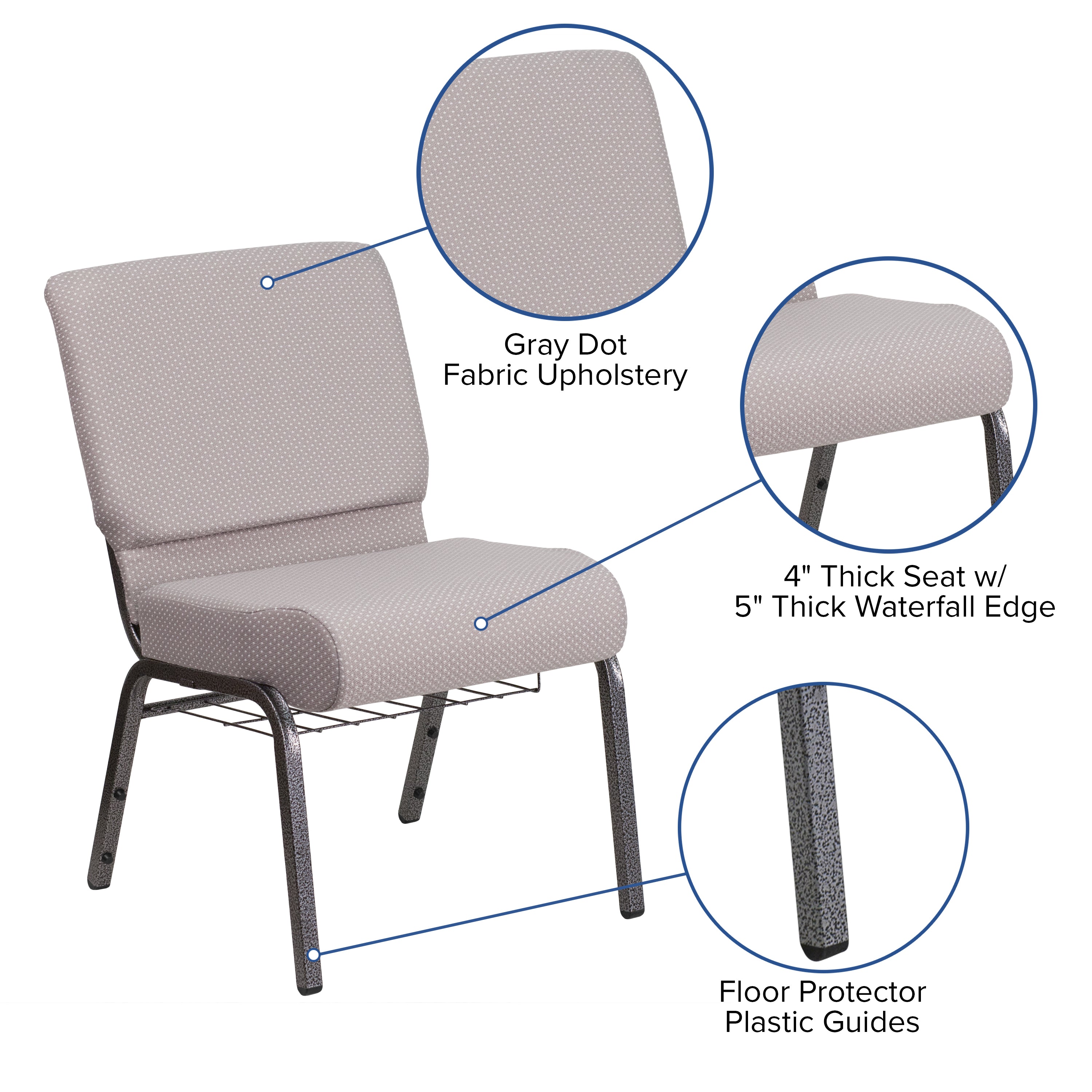 HERCULES Series 21''W Church Chair in Gray Dot Fabric with Book Rack - Silver Vein Frame
