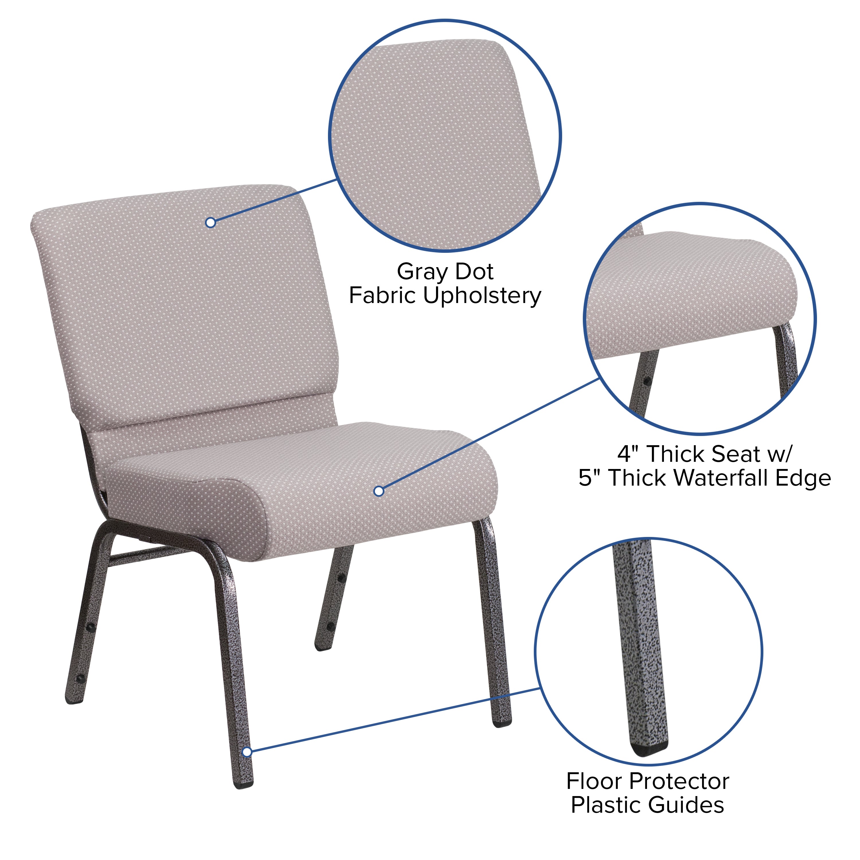 HERCULES Series 21''W Church Chair in Gray Dot Fabric - Silver Vein Frame