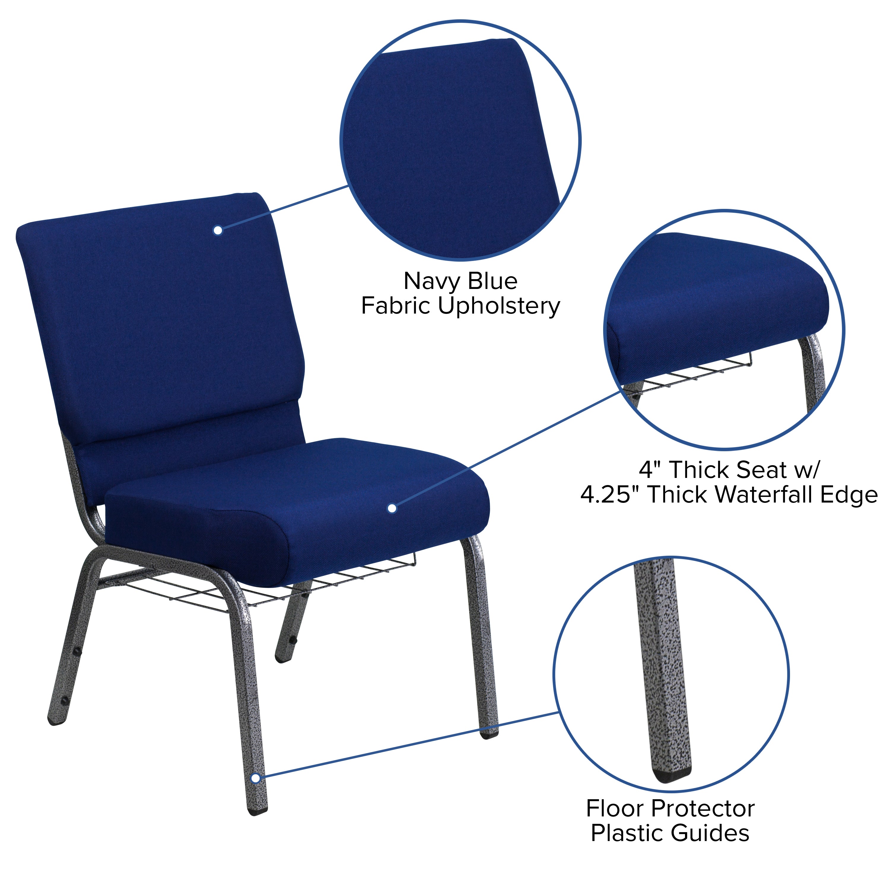 HERCULES Series 21''W Church Chair in Navy Blue Fabric with Cup Book Rack - Silver Vein Frame