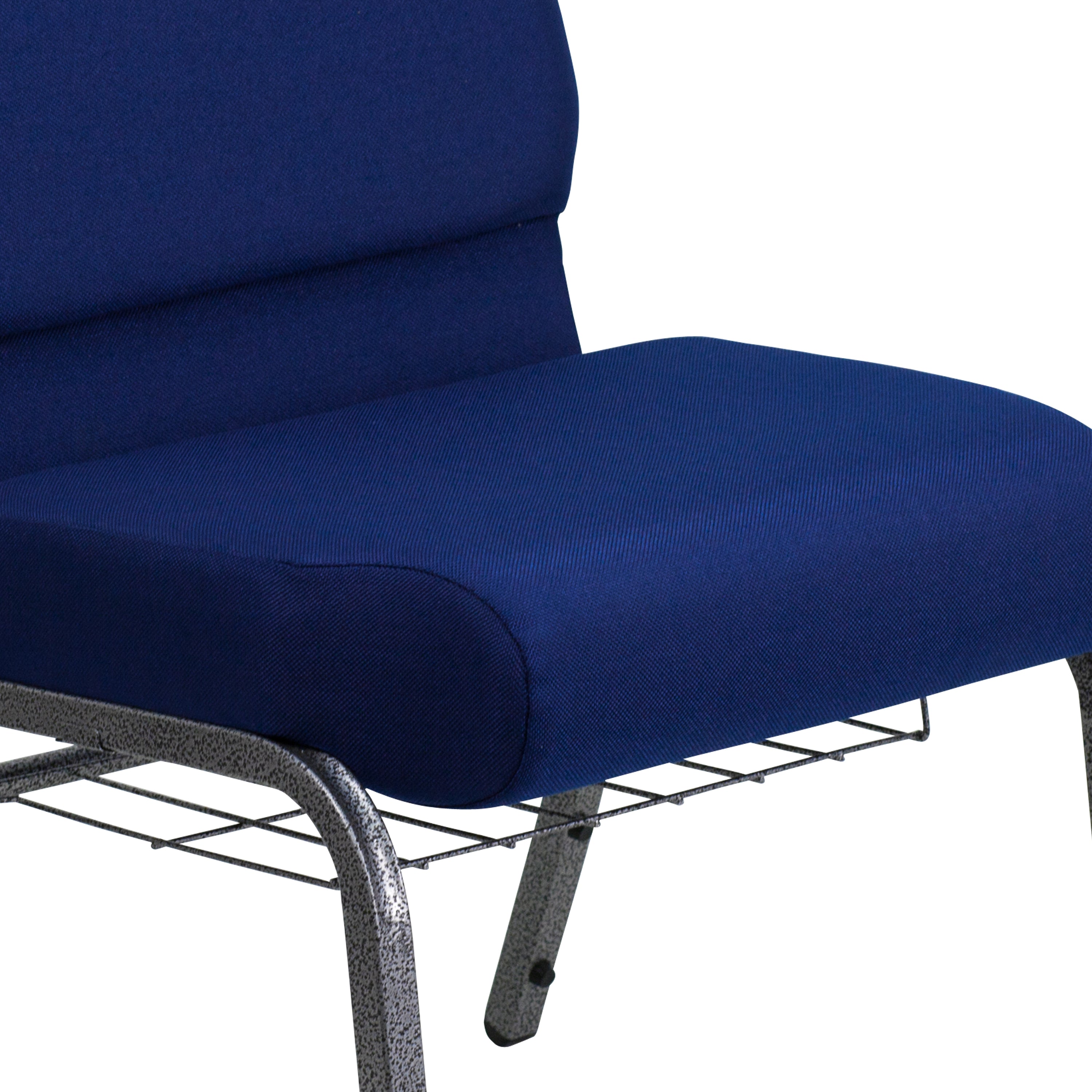 HERCULES Series 21''W Church Chair in Navy Blue Fabric with Cup Book Rack - Silver Vein Frame