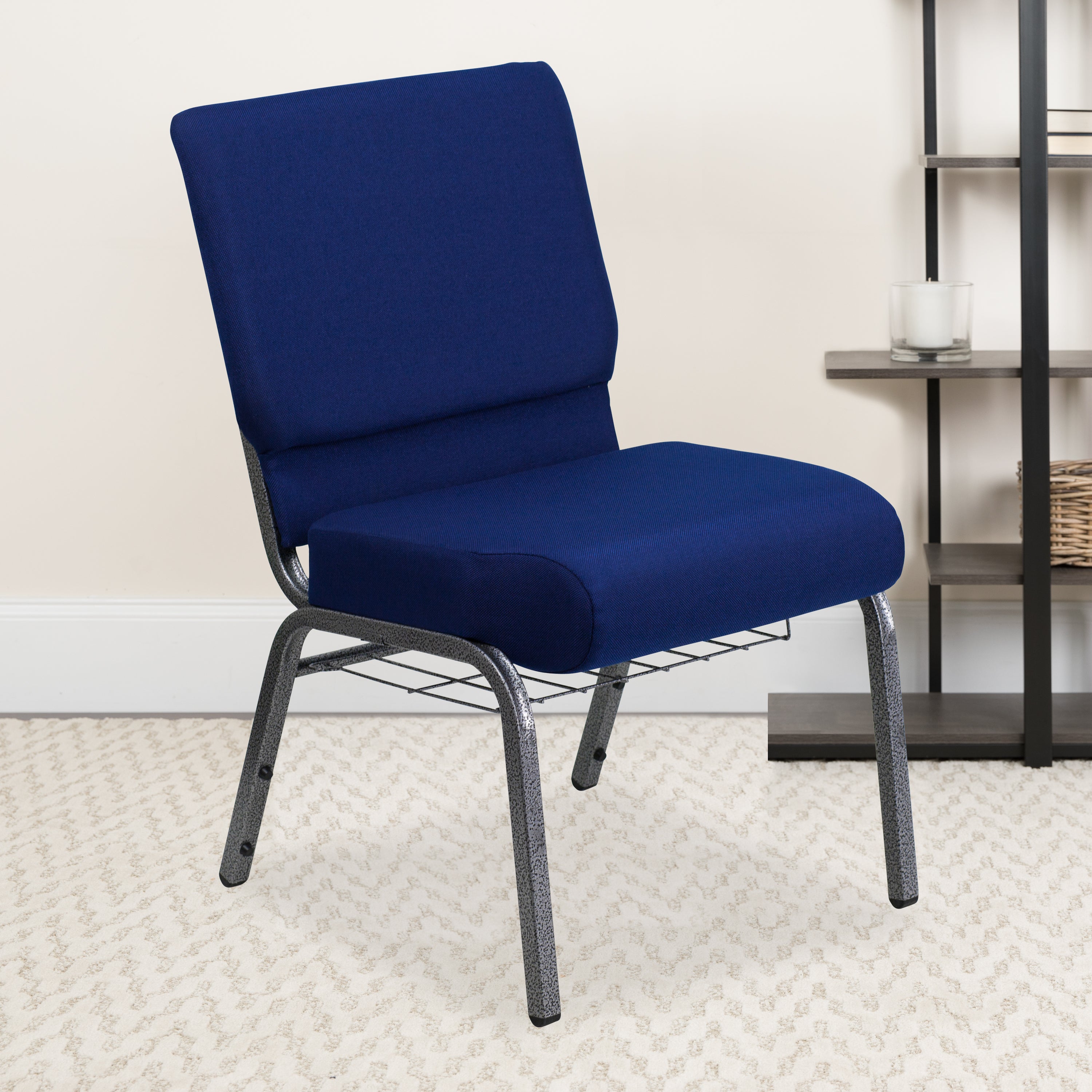 HERCULES Series 21''W Church Chair in Navy Blue Fabric with Cup Book Rack - Silver Vein Frame