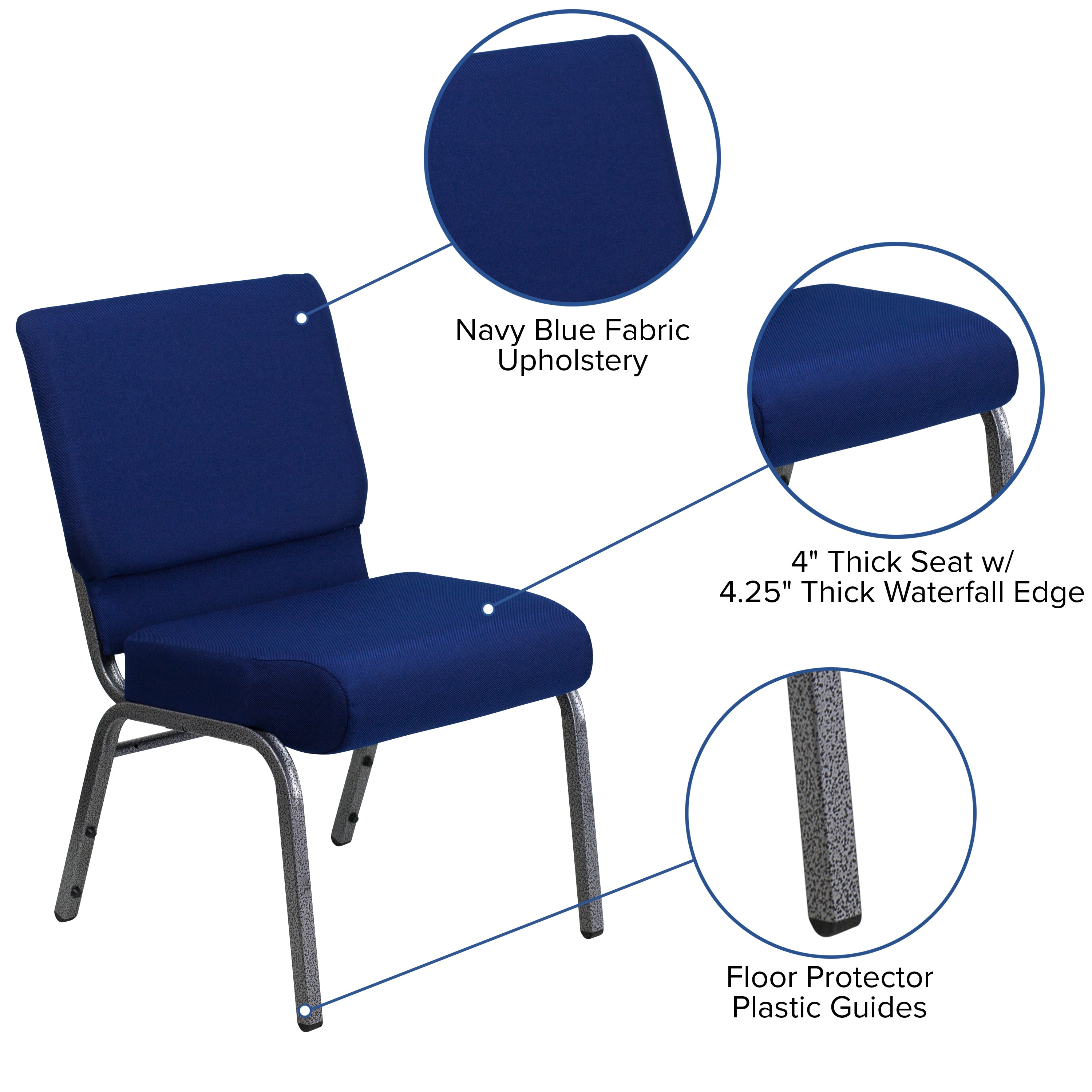 HERCULES Series 21''W Stacking Church Chair in Navy Blue Fabric - Silver Vein Frame