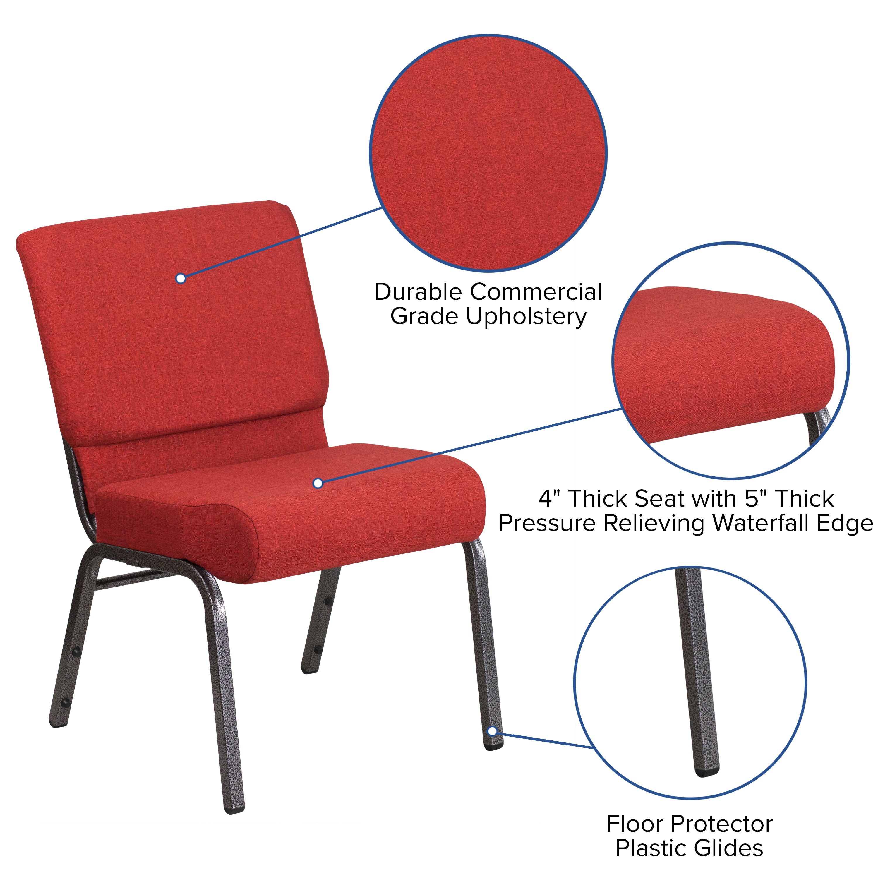 HERCULES Series 21''W Stacking Church Chair in Crimson Fabric - Silver Vein Frame