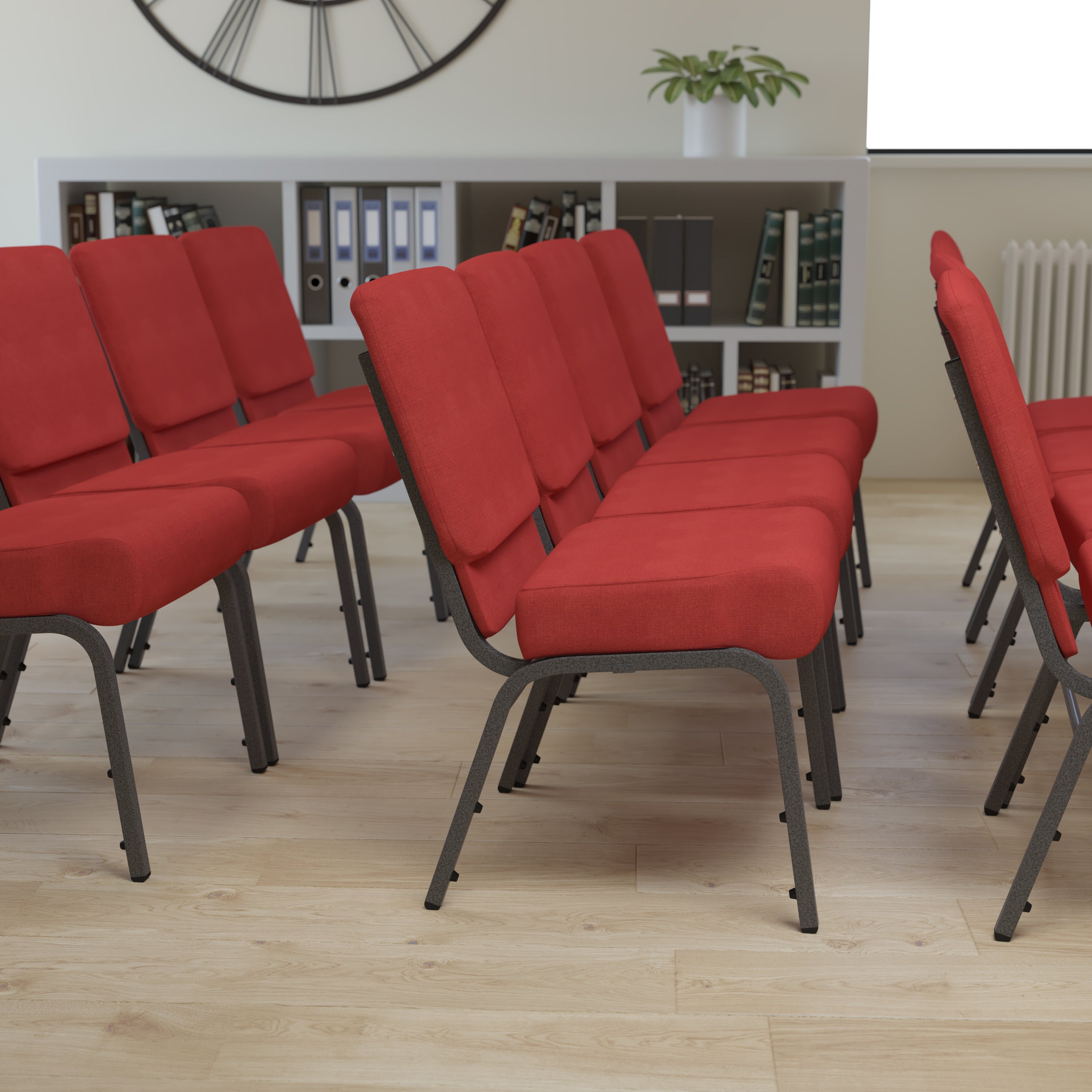 HERCULES Series 21''W Stacking Church Chair in Crimson Fabric - Silver Vein Frame