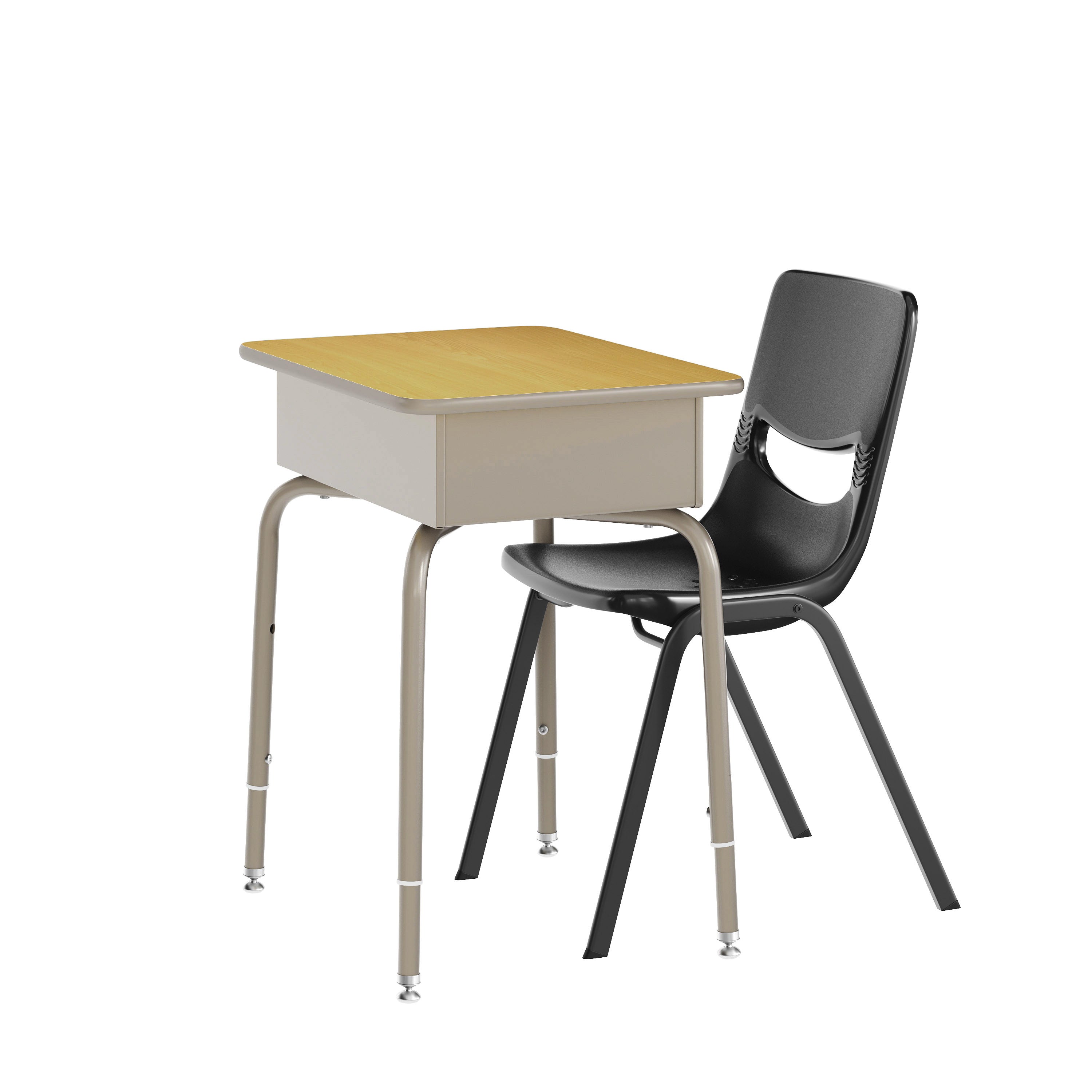 HERCULES Student Desk with Open Front Metal Book Box, Maple Desktop, and Silver Frame and Black Heavy-Duty Flex Comfort Classroom Stack Chair