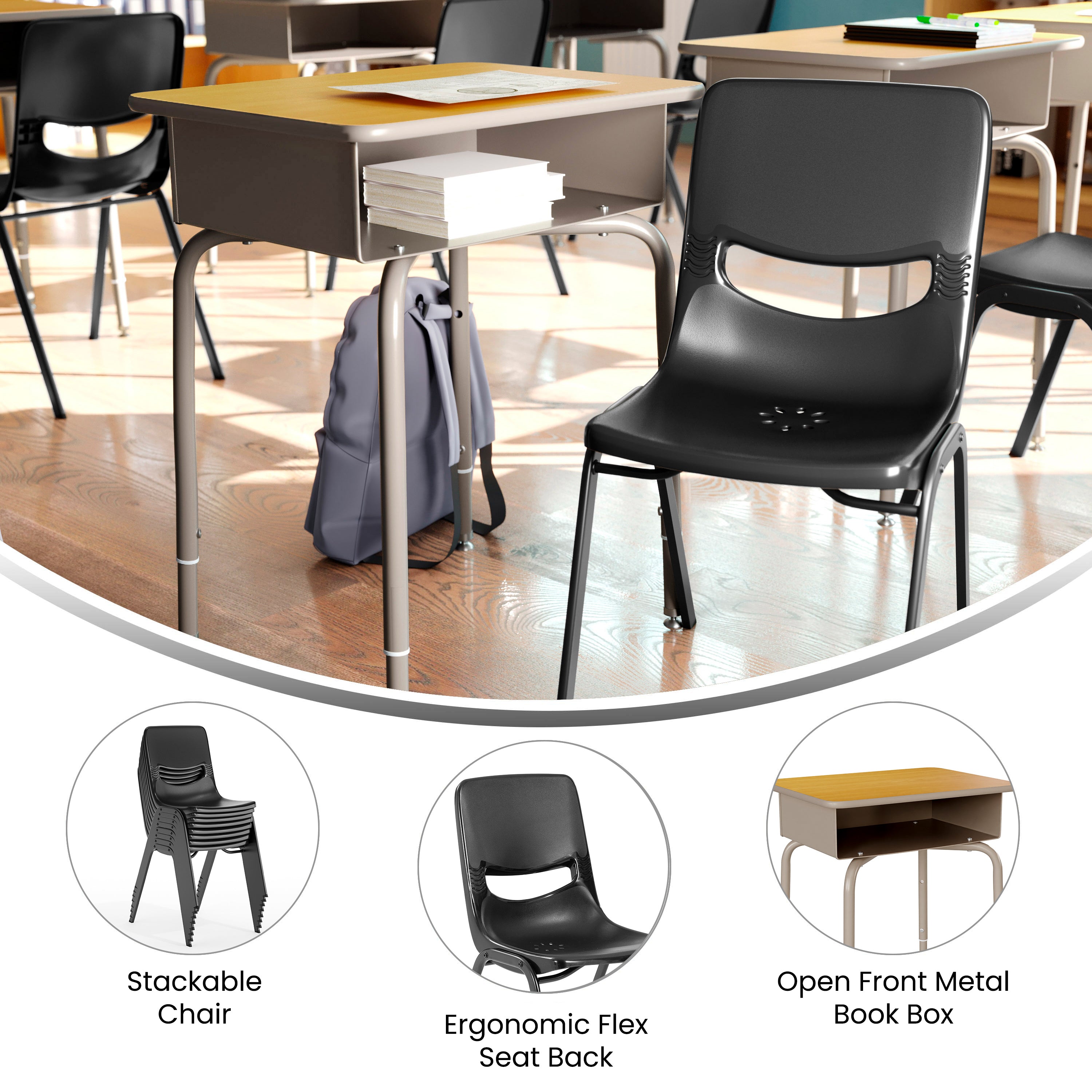 HERCULES Student Desk with Open Front Metal Book Box, Maple Desktop, and Silver Frame and Black Heavy-Duty Flex Comfort Classroom Stack Chair