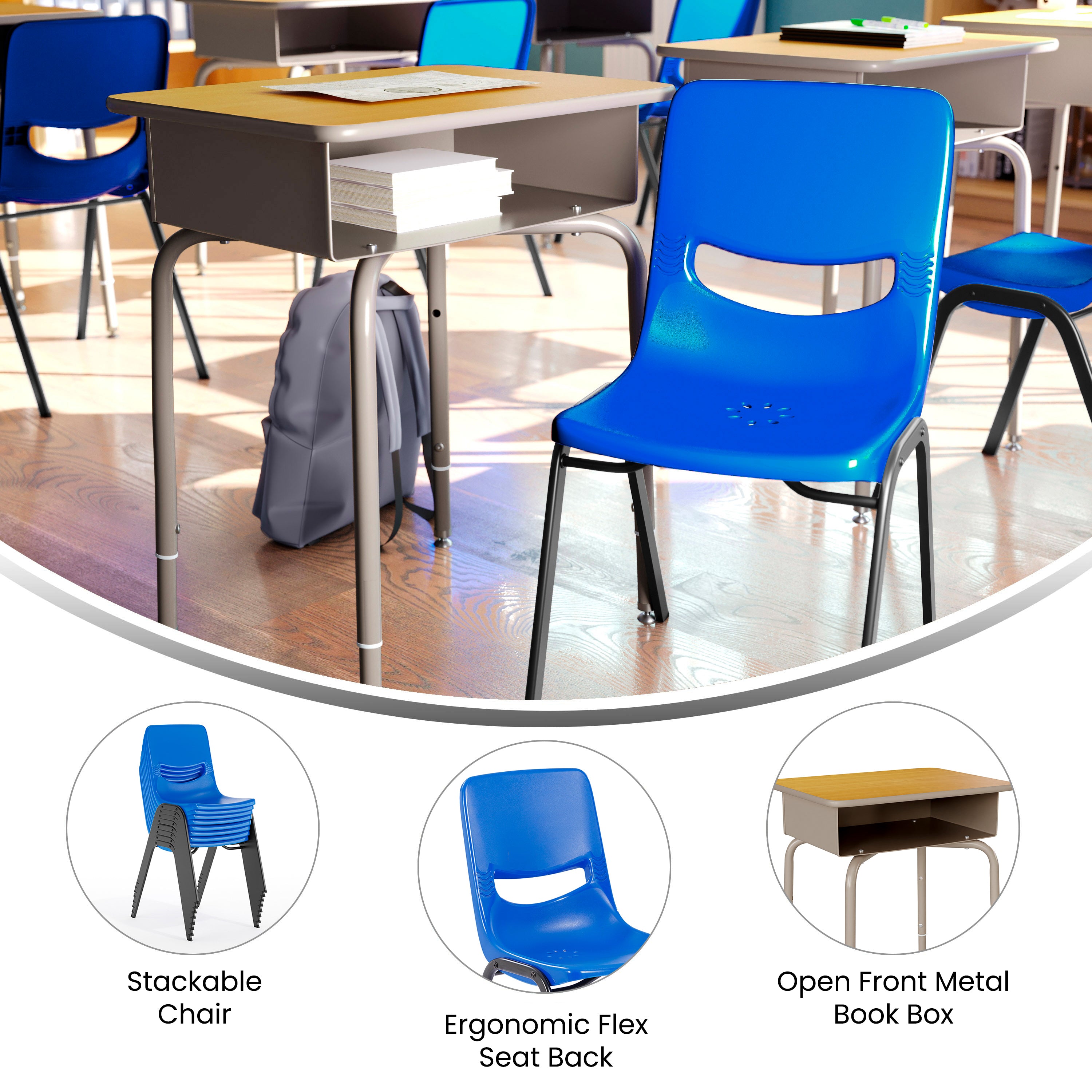 HERCULES Student Desk with Open Front Metal Book Box, Maple Desktop, and Silver Frame and Navy Heavy-Duty Flex Comfort Classroom Stack Chair