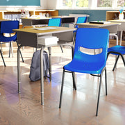 HERCULES Student Desk with Open Front Metal Book Box, Maple Desktop, and Silver Frame and Navy Heavy-Duty Flex Comfort Classroom Stack Chair