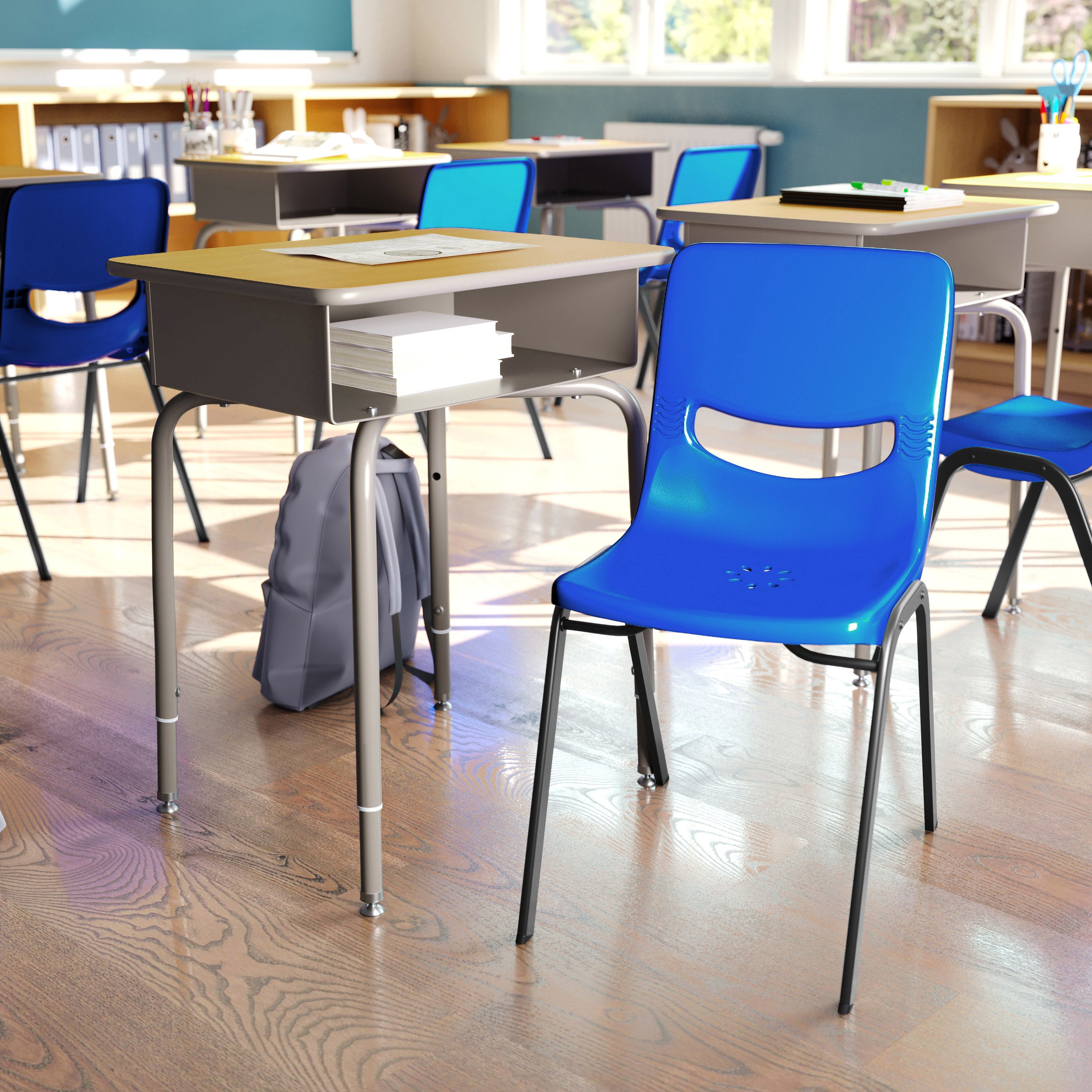 HERCULES Student Desk with Open Front Metal Book Box, Maple Desktop, and Silver Frame and Navy Heavy-Duty Flex Comfort Classroom Stack Chair