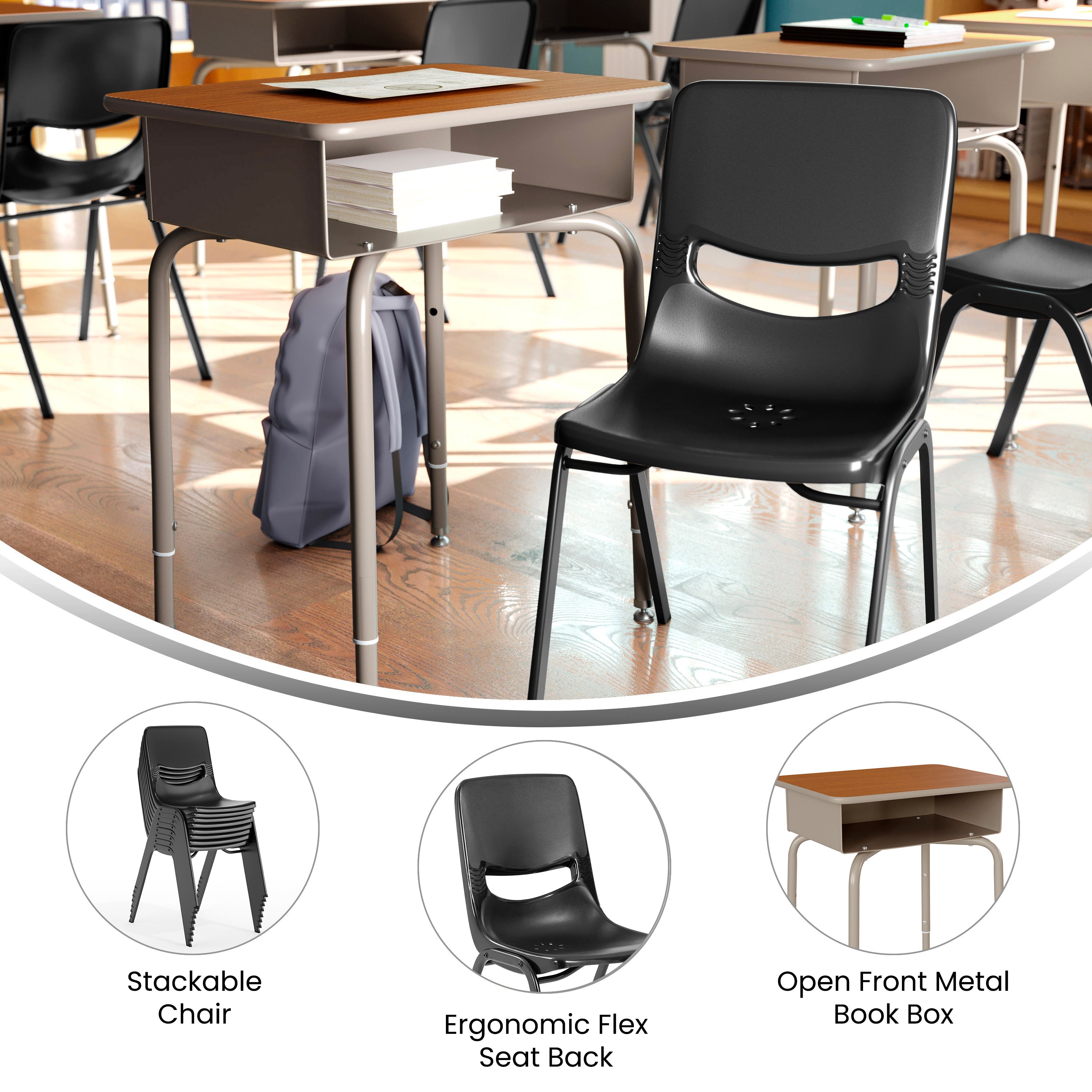 HERCULES Student Desk with Open Front Metal Book Box, Walnut Desktop, and Silver Frame and Black Heavy-Duty Flex Comfort Classroom Stack Chair