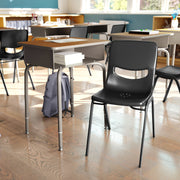 HERCULES Student Desk with Open Front Metal Book Box, Walnut Desktop, and Silver Frame and Black Heavy-Duty Flex Comfort Classroom Stack Chair