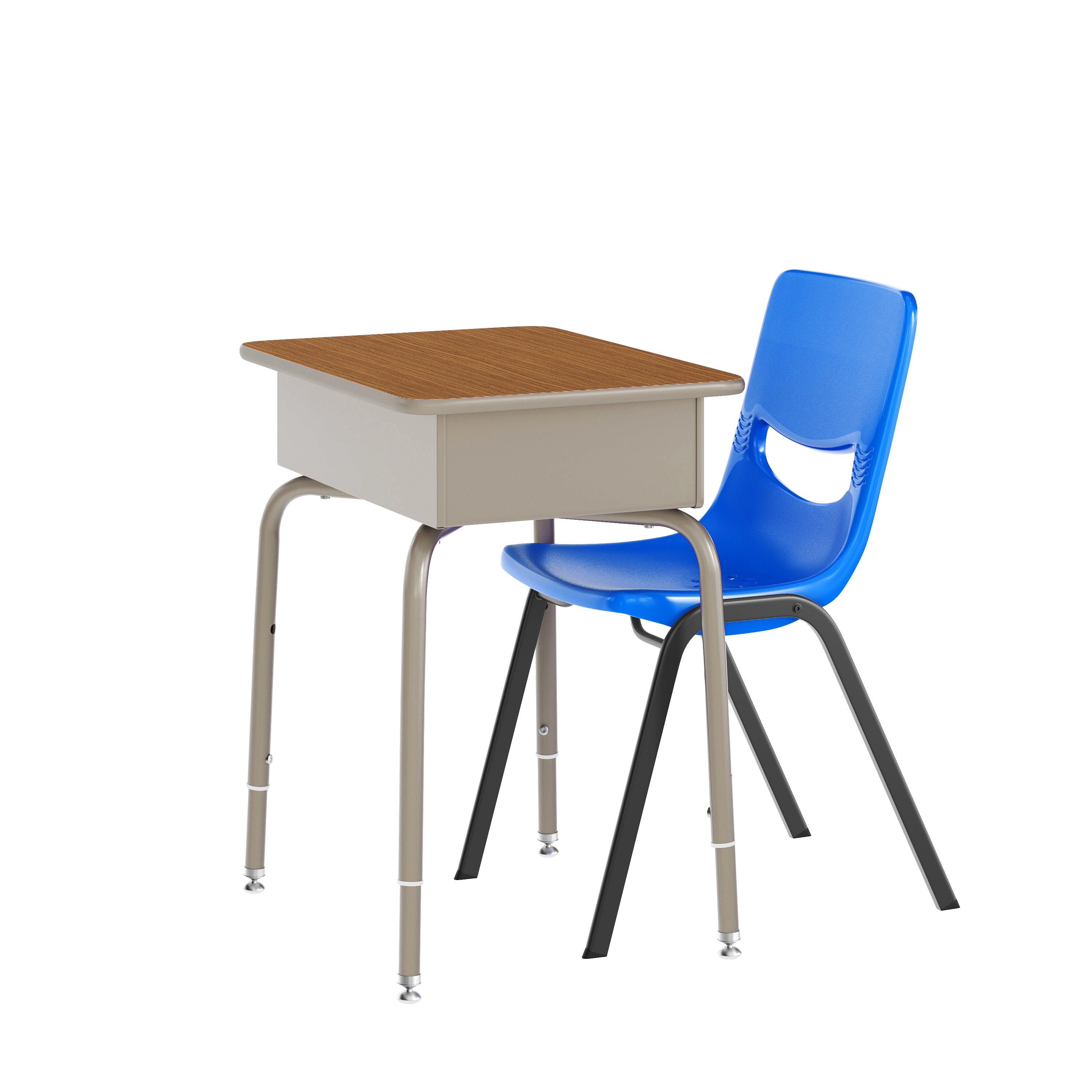 HERCULES Student Desk with Open Front Metal Book Box, Walnut Desktop, and Silver Frame and Navy Heavy-Duty Flex Comfort Classroom Stack Chair