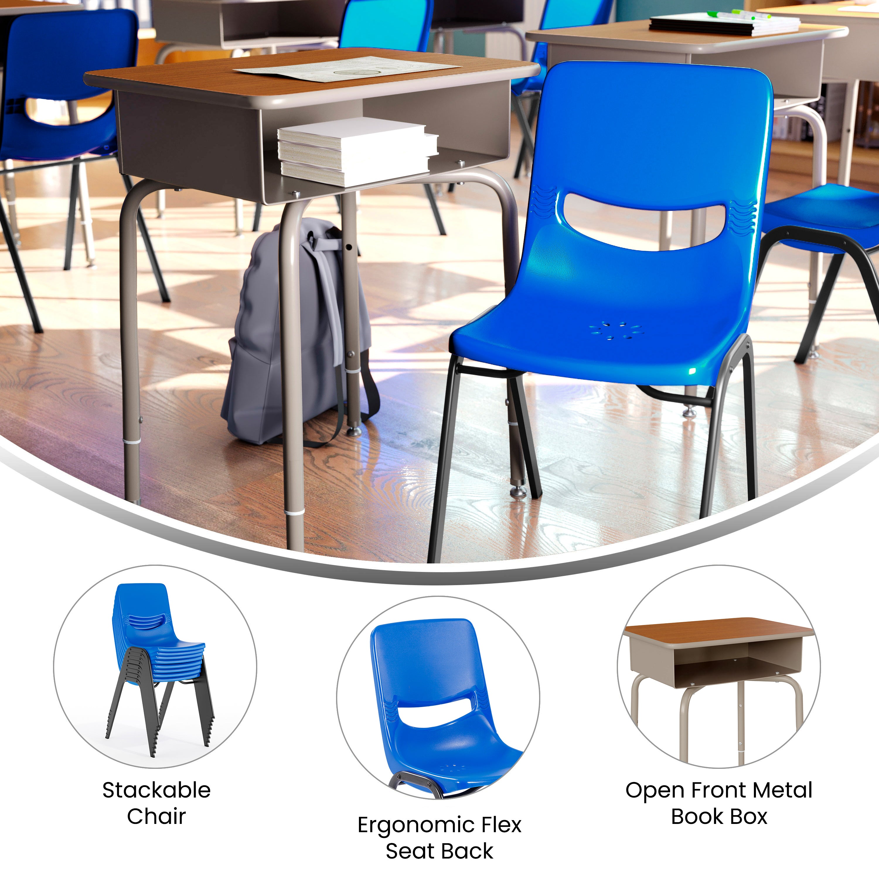 HERCULES Student Desk with Open Front Metal Book Box, Walnut Desktop, and Silver Frame and Navy Heavy-Duty Flex Comfort Classroom Stack Chair