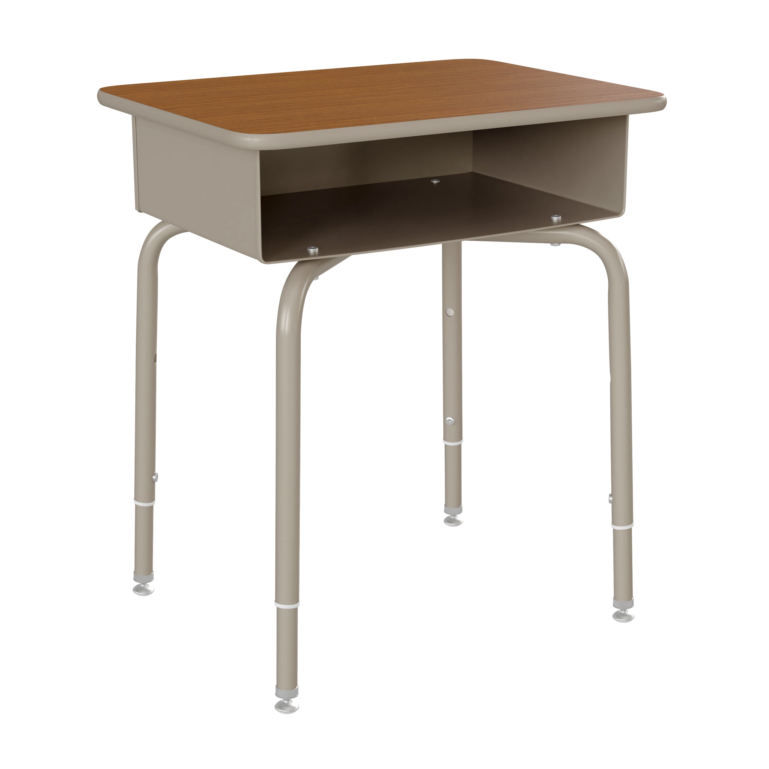 HERCULES Student Desk with Open Front Metal Book Box, Walnut Desktop, and Silver Frame and Navy Heavy-Duty Flex Comfort Classroom Stack Chair
