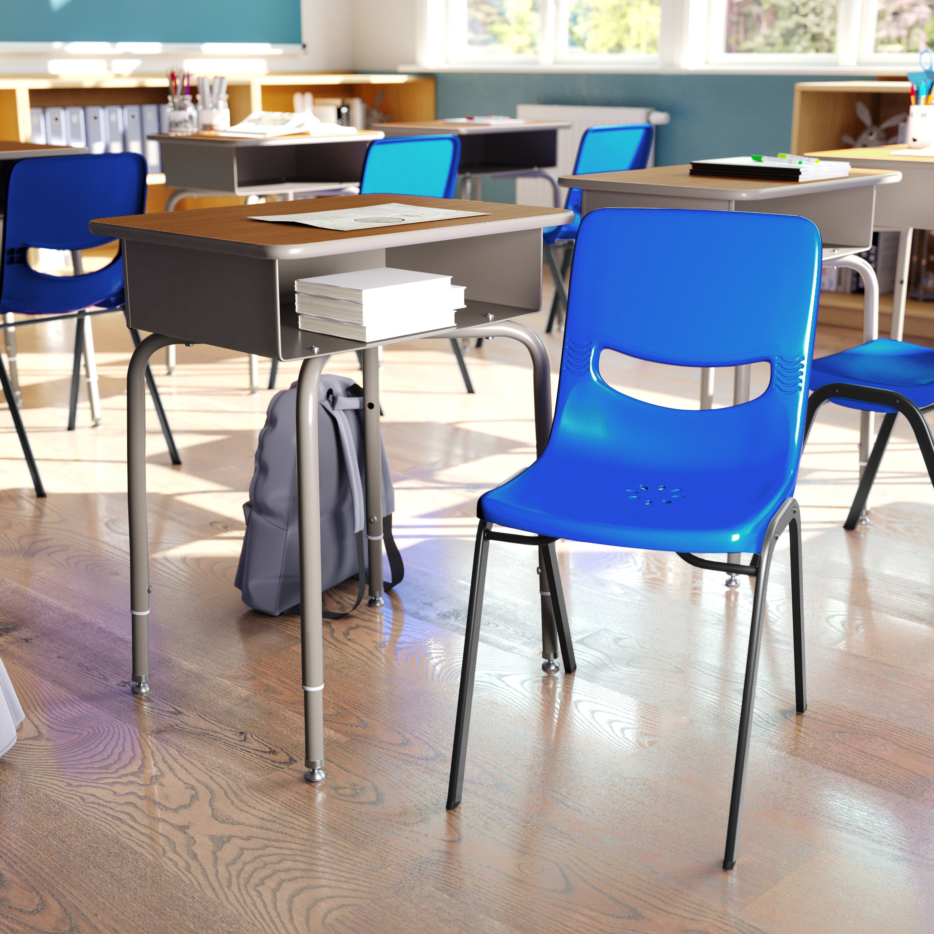 HERCULES Student Desk with Open Front Metal Book Box, Walnut Desktop, and Silver Frame and Navy Heavy-Duty Flex Comfort Classroom Stack Chair