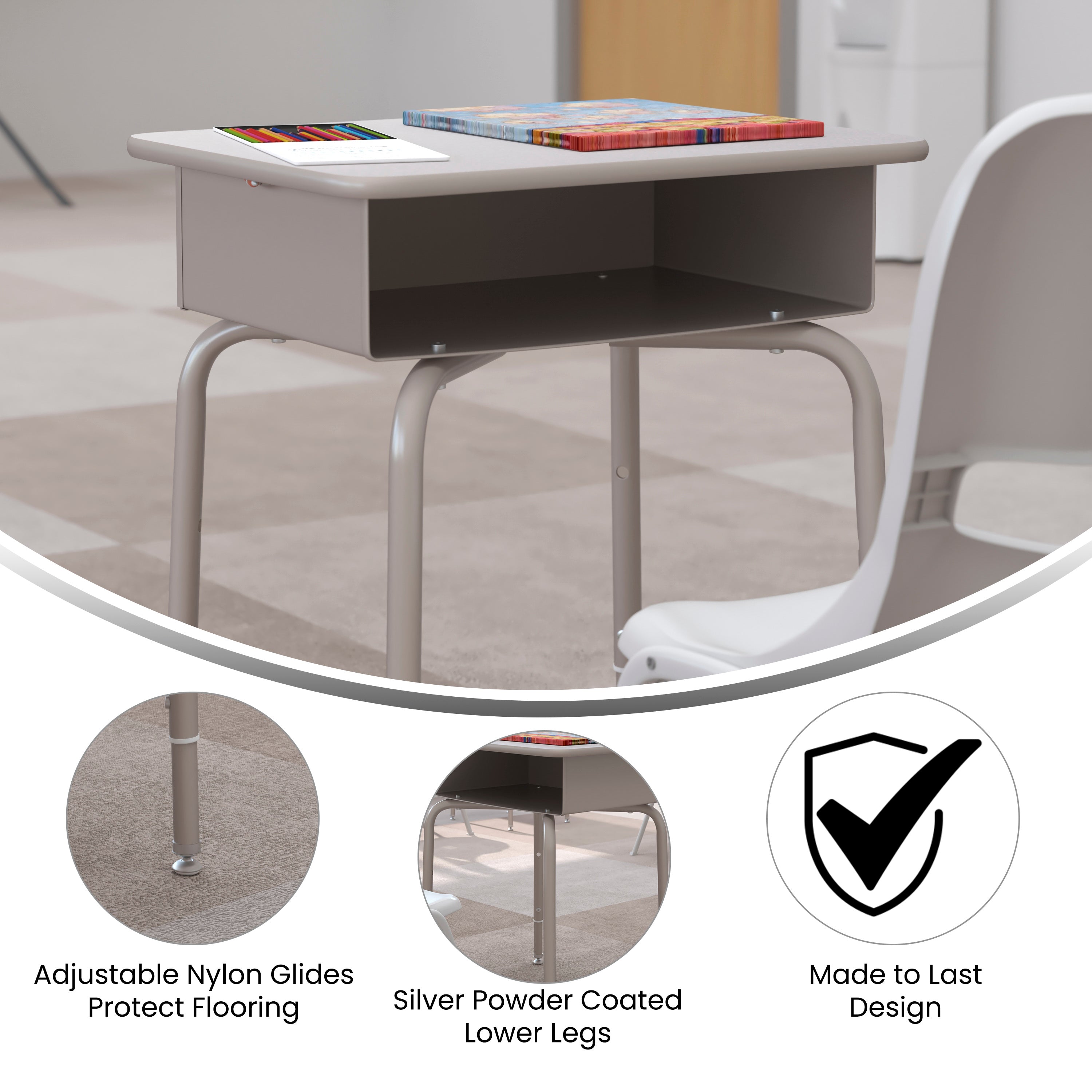 Billie Student Desk with Open Front Metal Book Box - Gray Granite/Silver