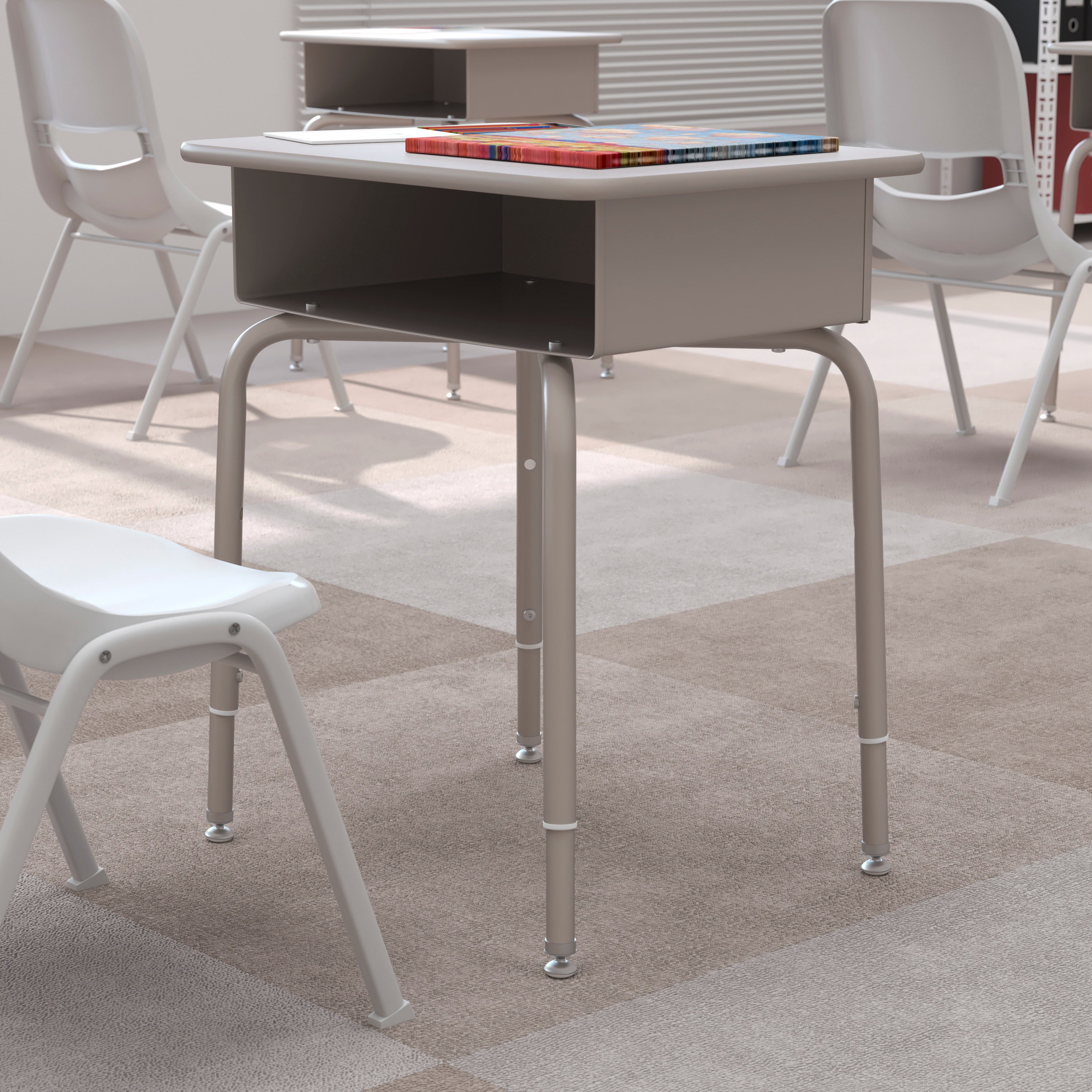 Billie Student Desk with Open Front Metal Book Box - Gray Granite/Silver