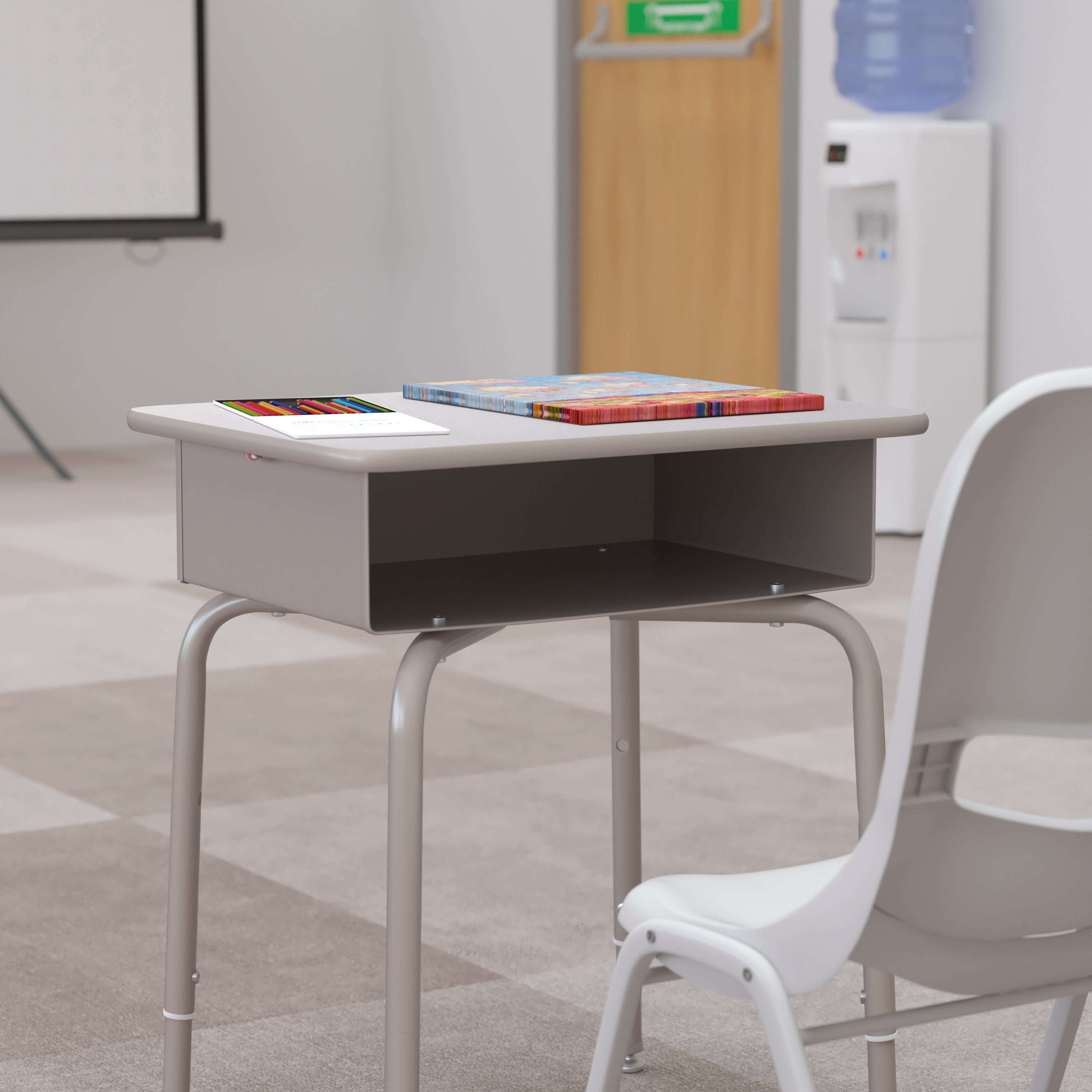 Billie Student Desk with Open Front Metal Book Box - Gray Granite/Silver