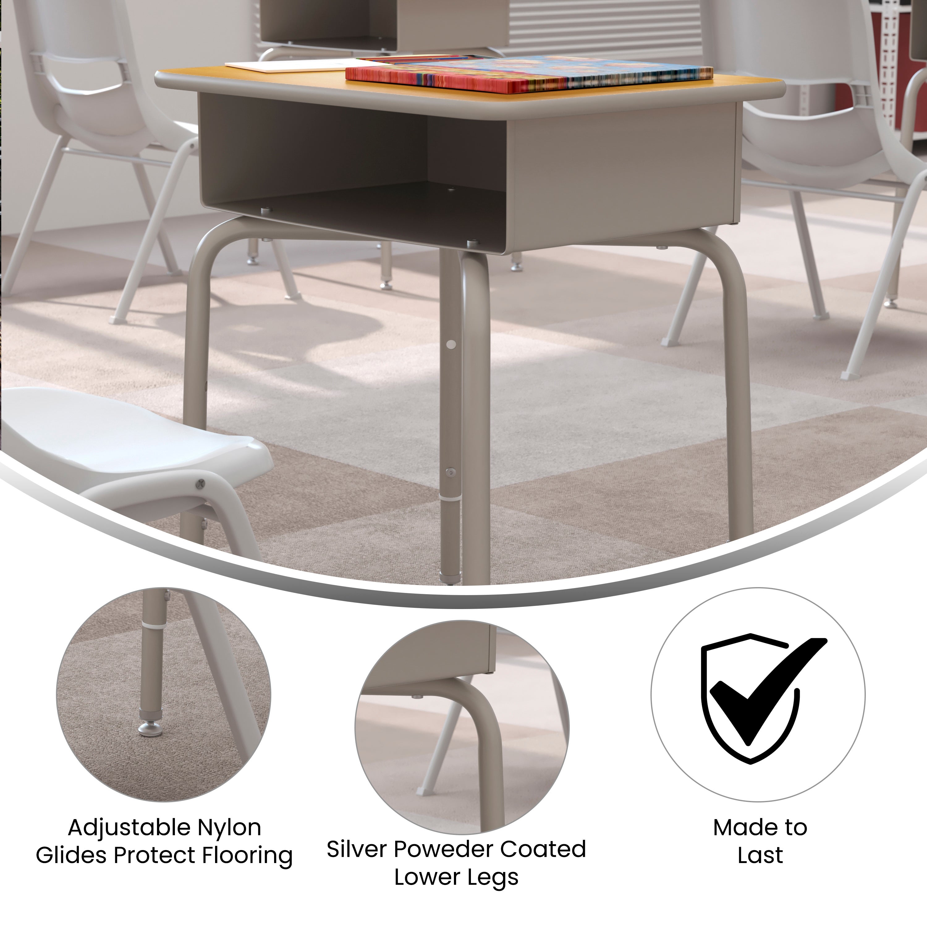 Billie Student Desk with Open Front Metal Book Box - Maple/Silver