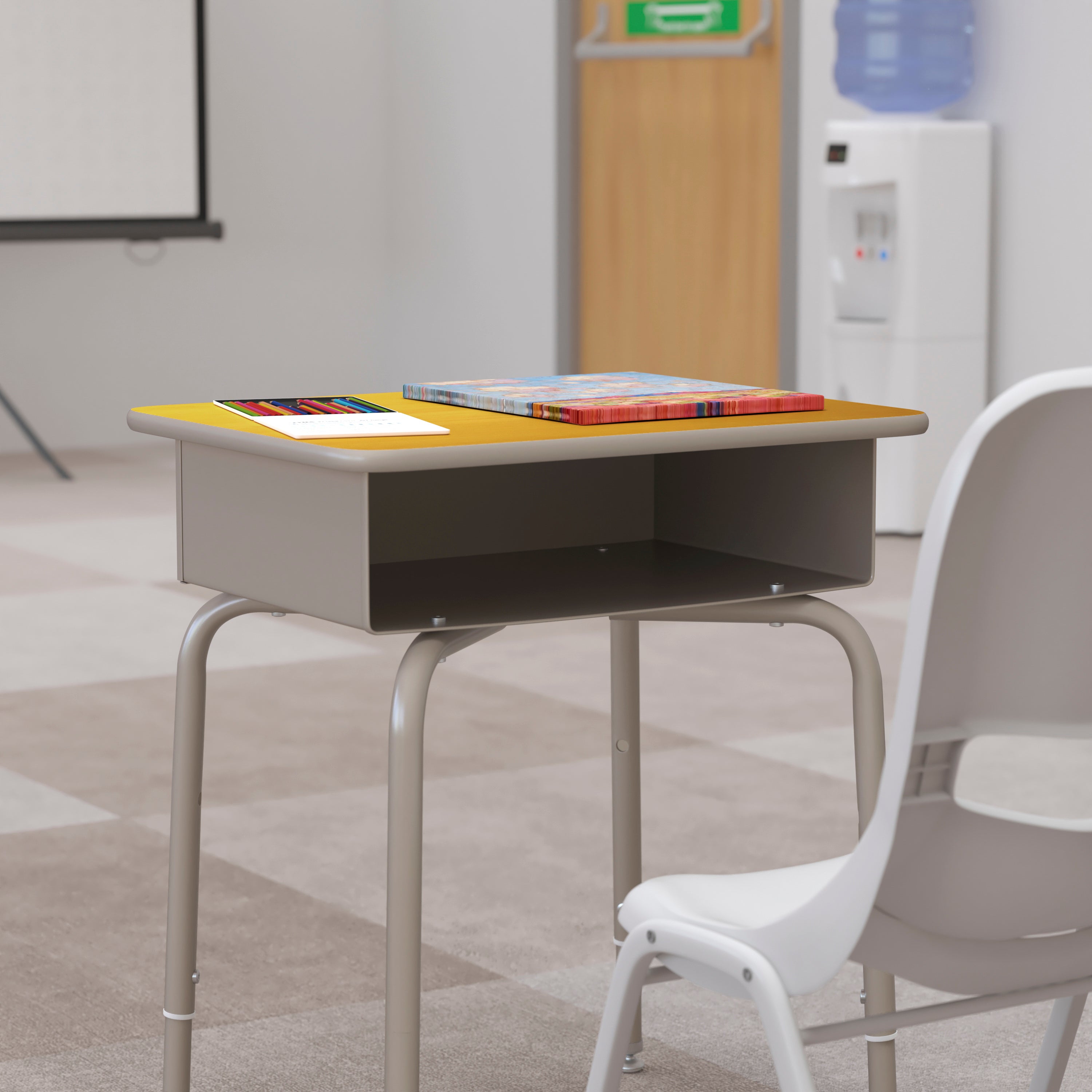 Billie Student Desk with Open Front Metal Book Box - Maple/Silver