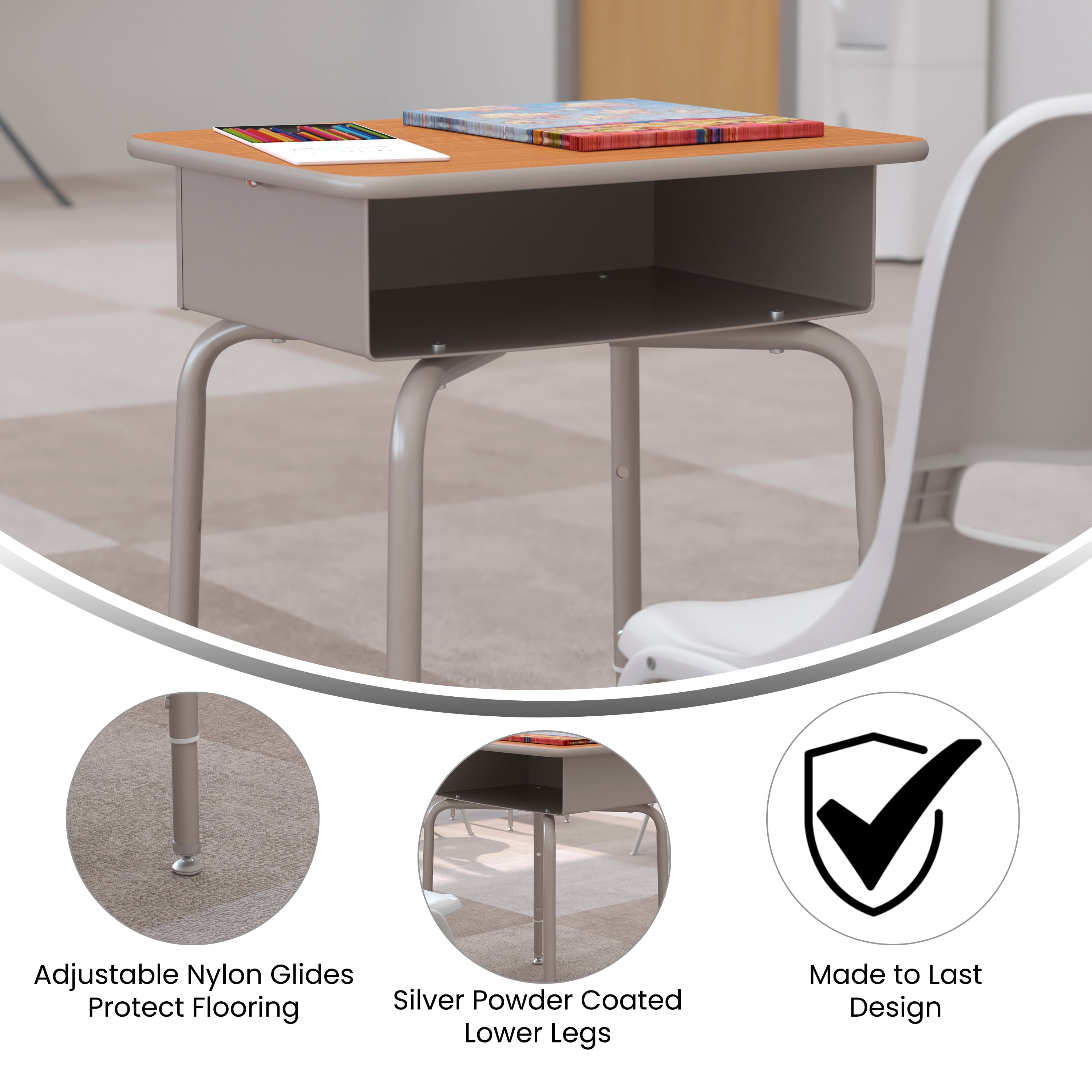 Billie Student Desk with Open Front Metal Book Box - Walnut/Silver
