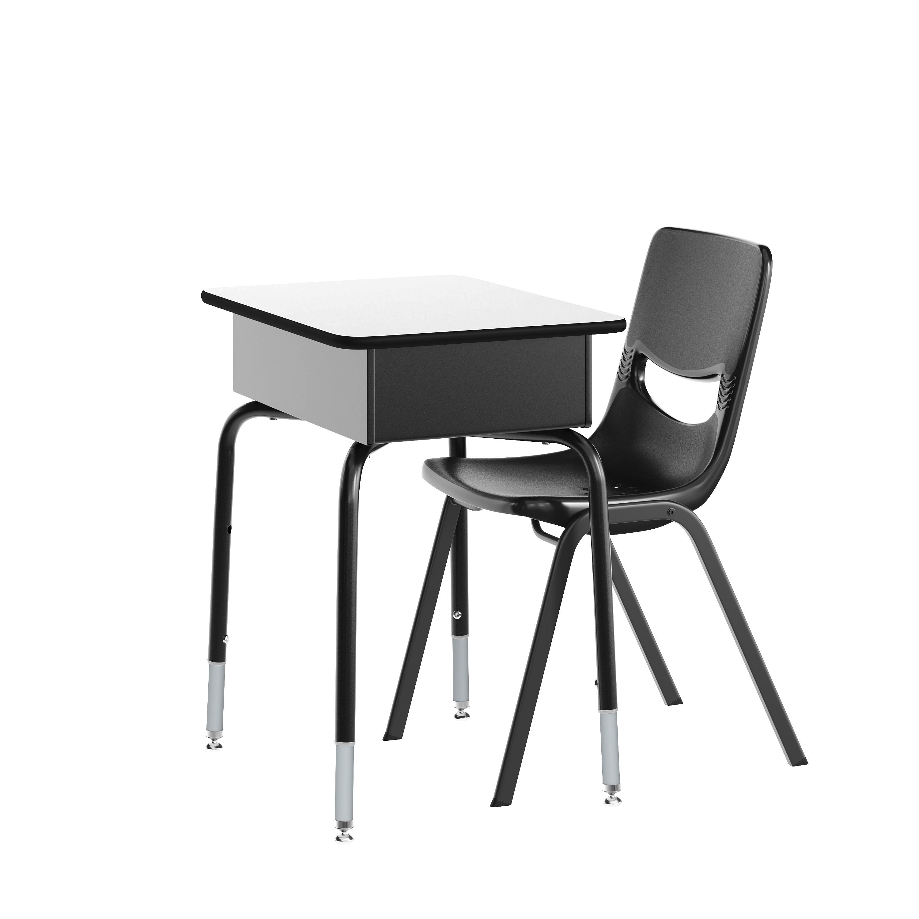 HERCULES Student Desk with Open Front Metal Book Box, Gray Desktop, and Black Frame and Black Heavy-Duty Flex Comfort Classroom Stack Chair