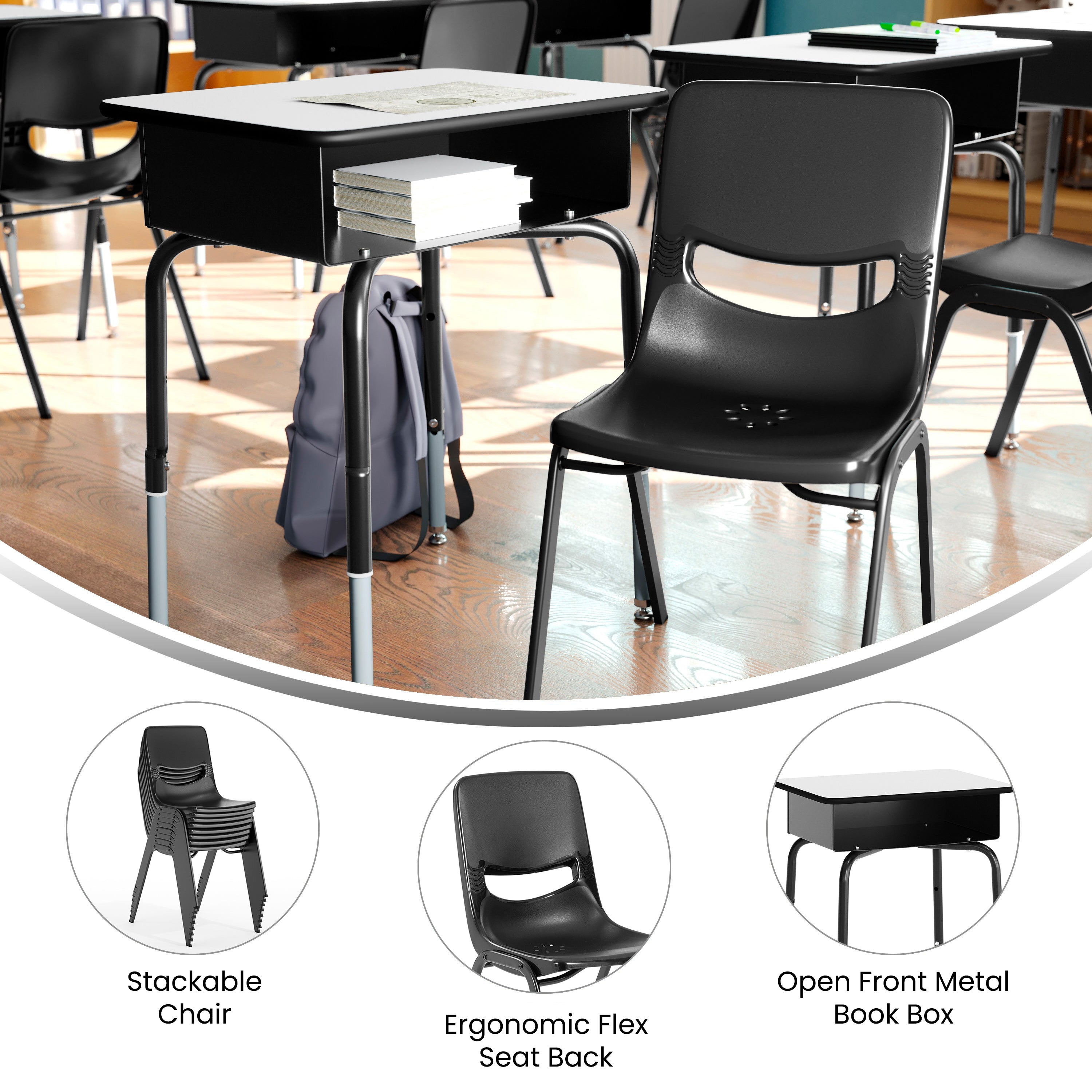 HERCULES Student Desk with Open Front Metal Book Box, Gray Desktop, and Black Frame and Black Heavy-Duty Flex Comfort Classroom Stack Chair