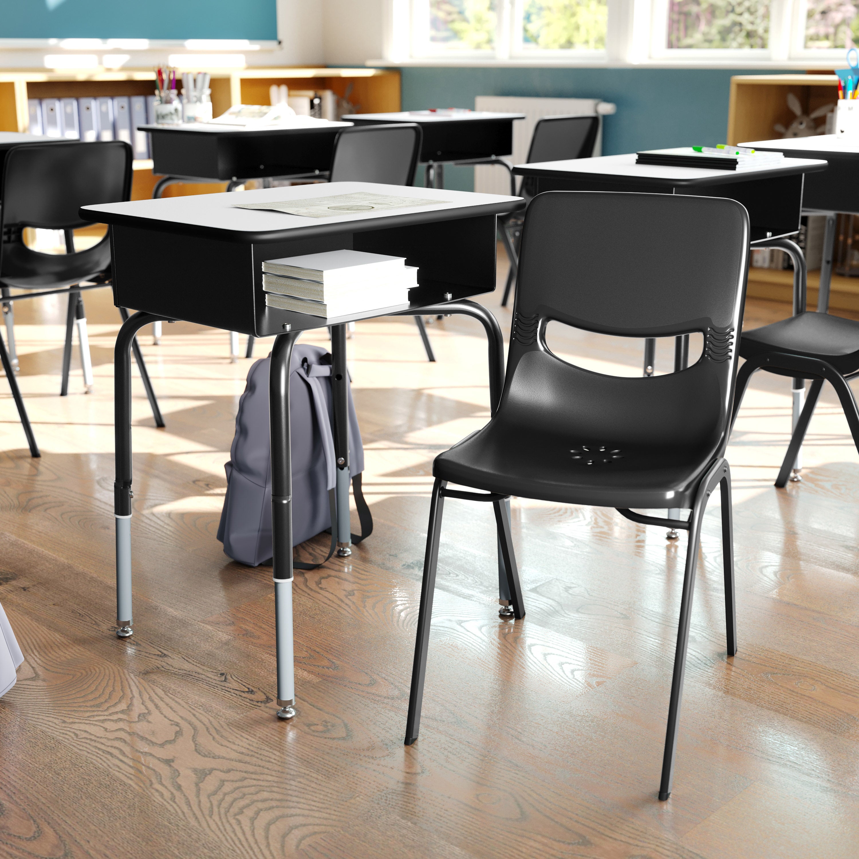 HERCULES Student Desk with Open Front Metal Book Box, Gray Desktop, and Black Frame and Black Heavy-Duty Flex Comfort Classroom Stack Chair