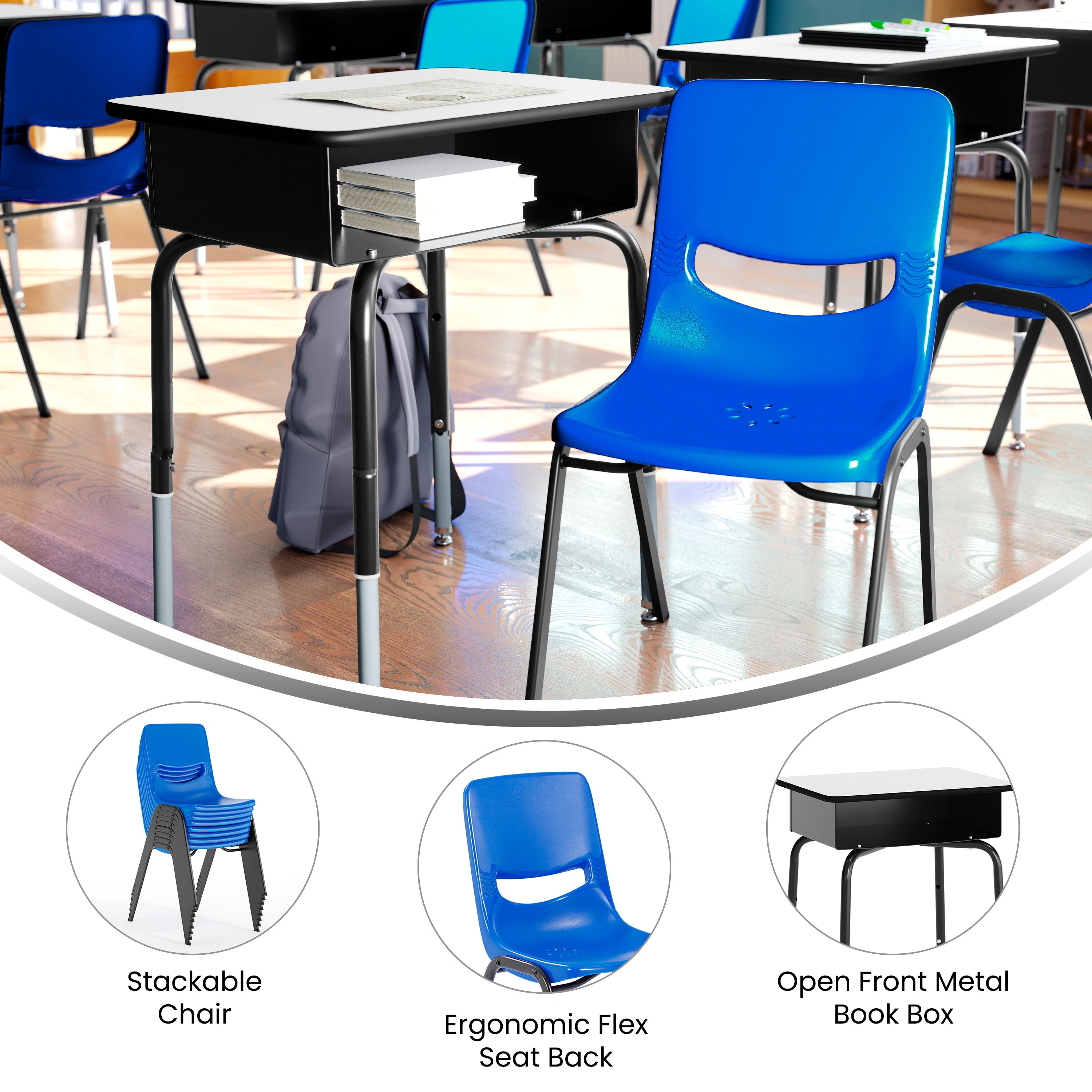HERCULES Student Desk with Open Front Metal Book Box, Gray Desktop, and Black Frame and Navy Heavy-Duty Flex Comfort Classroom Stack Chair